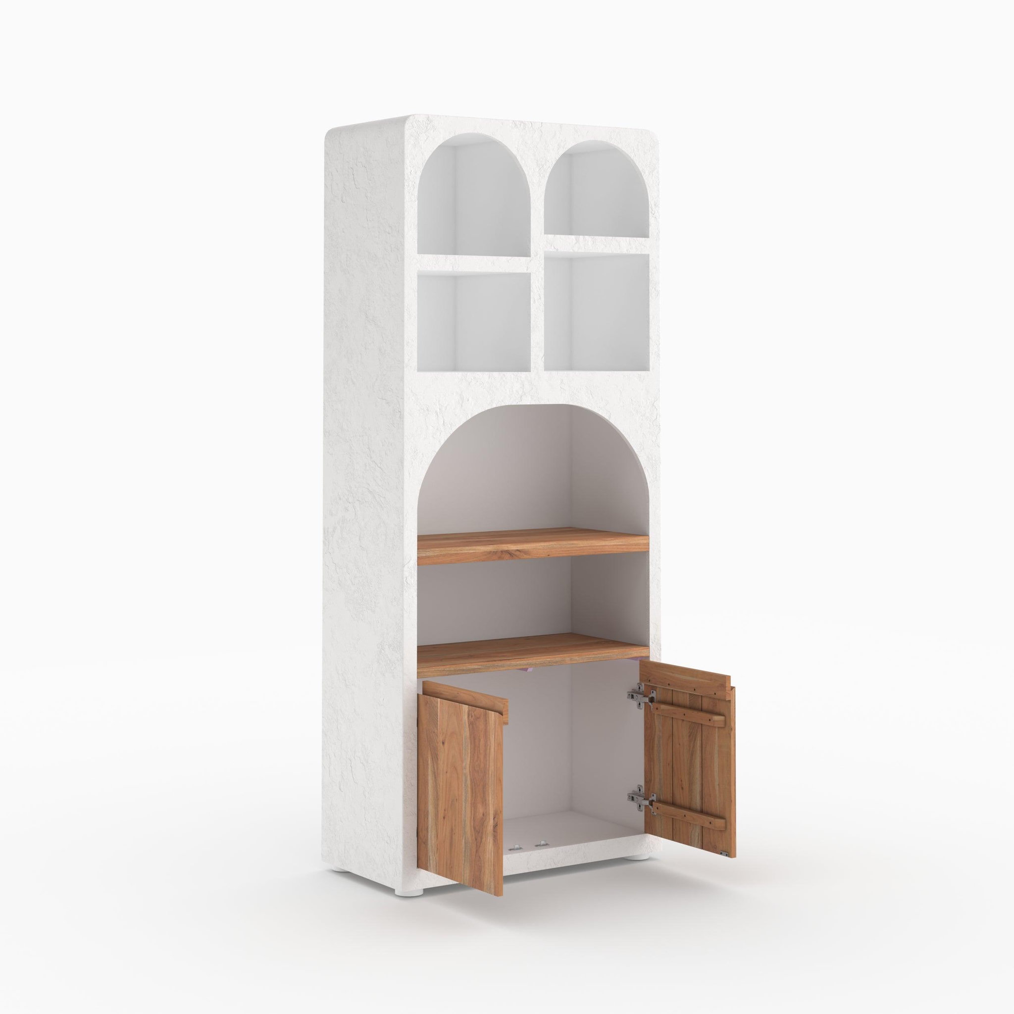Voir la diapositive 6 : MAISON PAVANE Bibliothèque en plâtre blanc cassé et bois d'acacia-Fira
