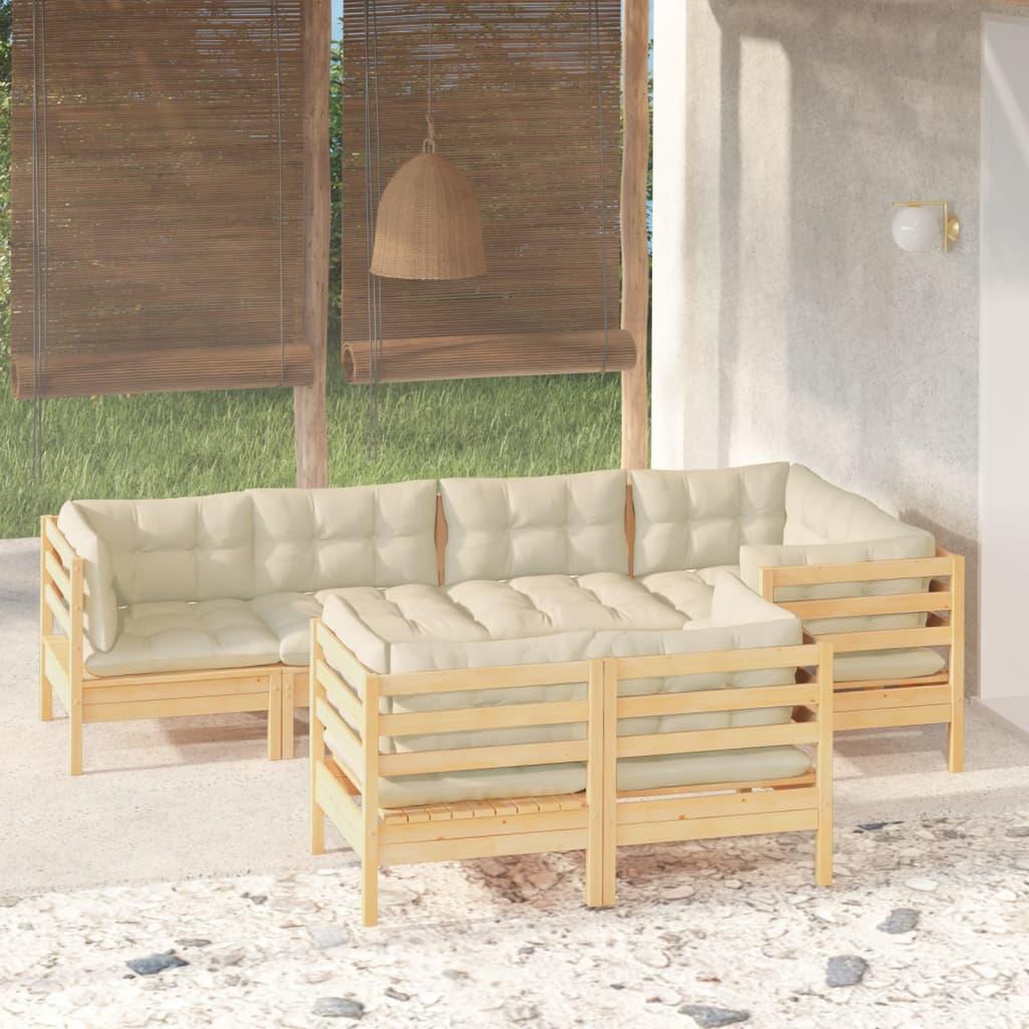 Voir la diapositive 1 : VIDAXL Salon de jardin 7 pcs avec coussins creme bois de pin massif