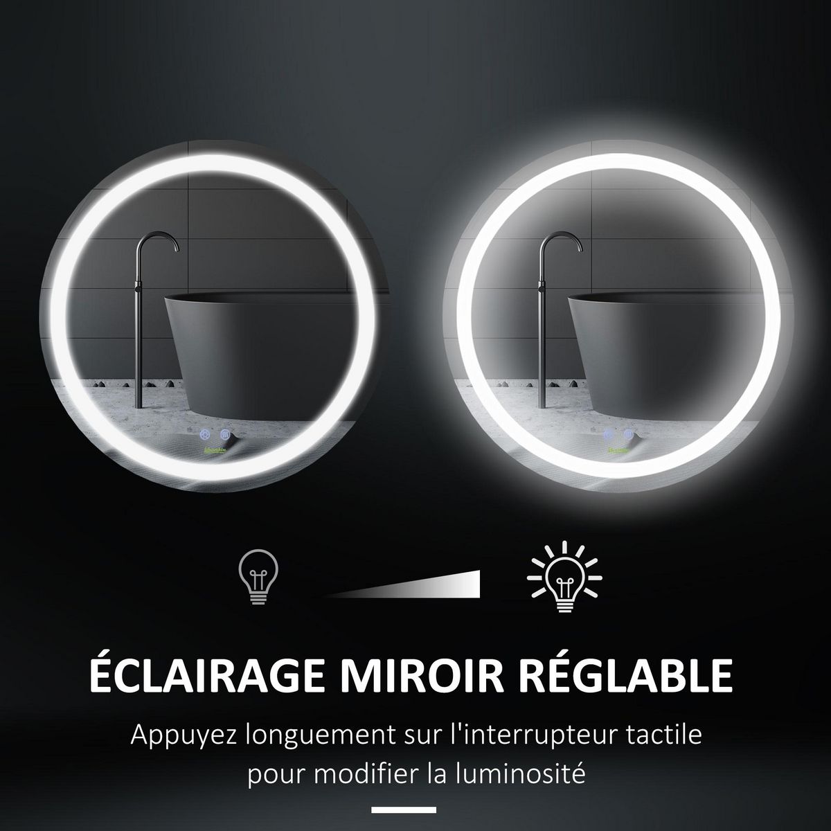 KLEANKIN Miroir salle de bain lumineux LED 35 W - dim. Ø 60 x 4H cm - fonction anti-buée, interrupteur tactile, luminosité réglable - alu. verre