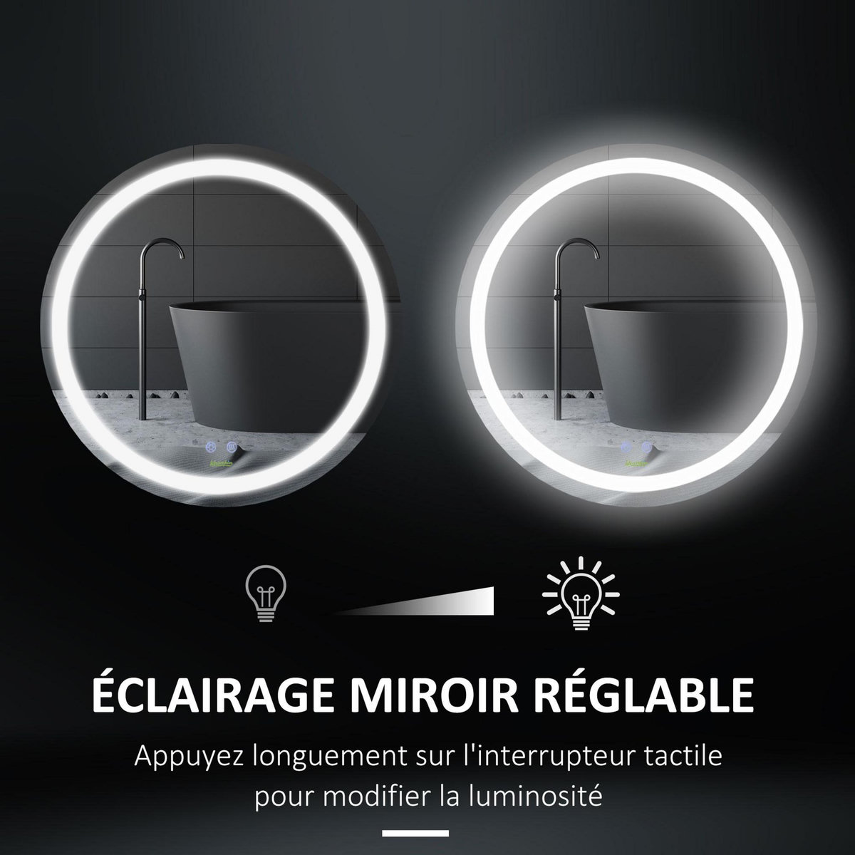 KLEANKIN Miroir salle de bain lumineux LED 35 W - dim. Ø 60 x 4H cm - fonction anti-buée, interrupteur tactile, luminosité réglable - alu. verre