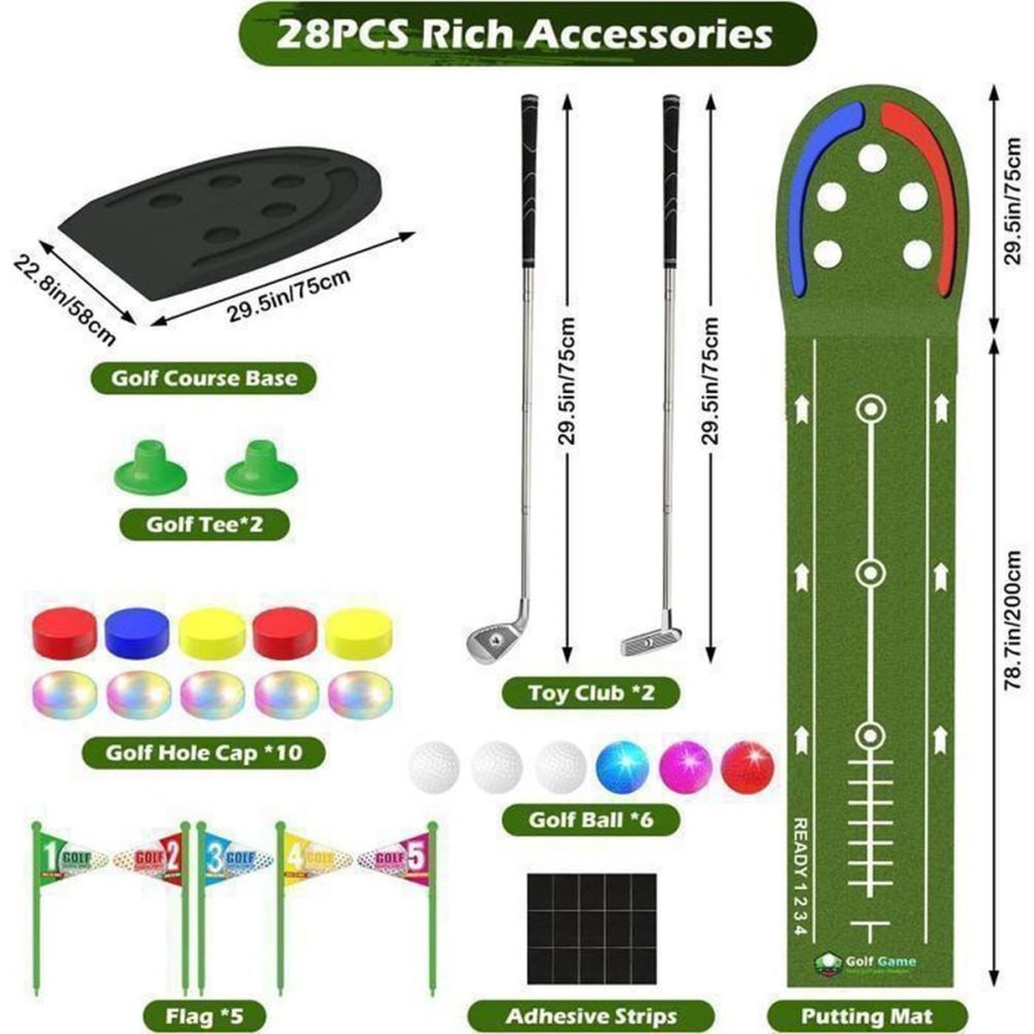 Voir la diapositive 6 : Tapis de putting LED 2,4 m avec 5 trous lumineux, balles LED et 2 clubs réglables en hauteur