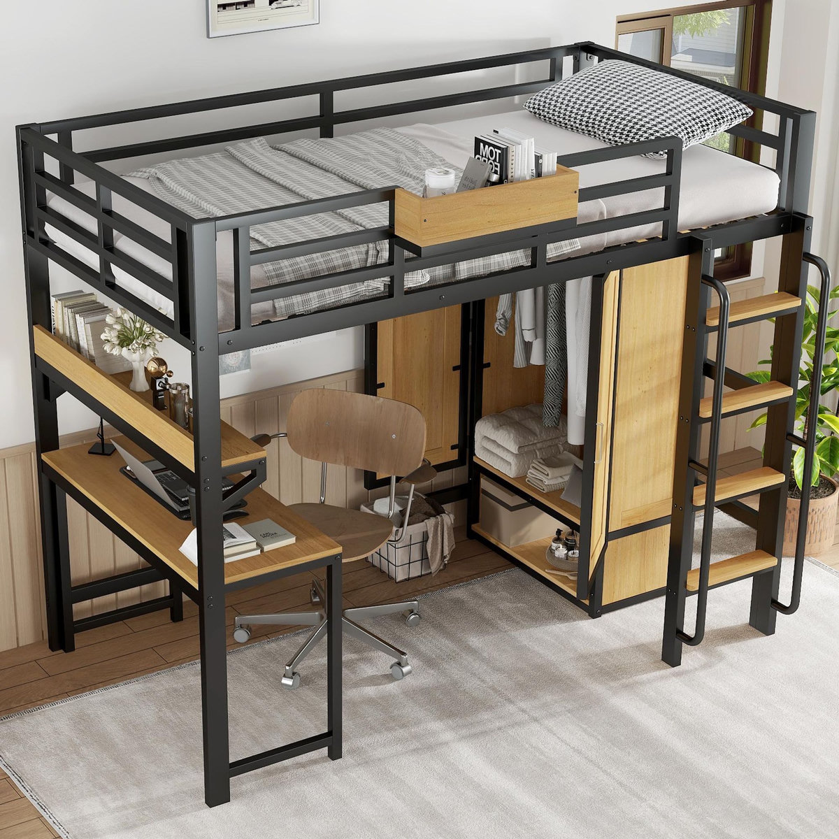MERAX Lit mezzanine 90x200 cm coloris noir+naturel métal