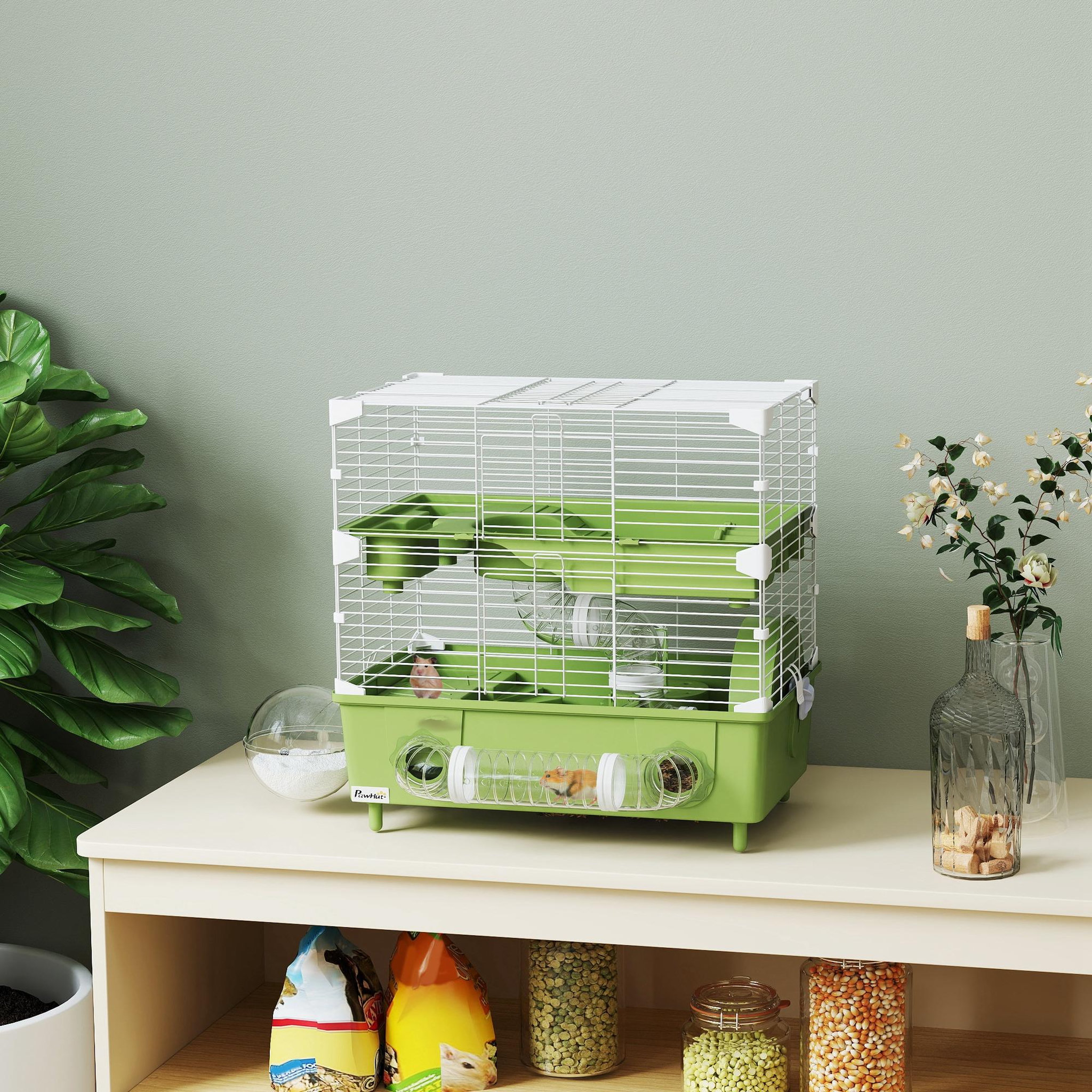 Voir la diapositive 4 : PAWHUT Cage pour hamster 2 niveaux roue sphère bac à sable tuyaux biberon eau dim. 44,5 x 28 x 44 cm blanc vert