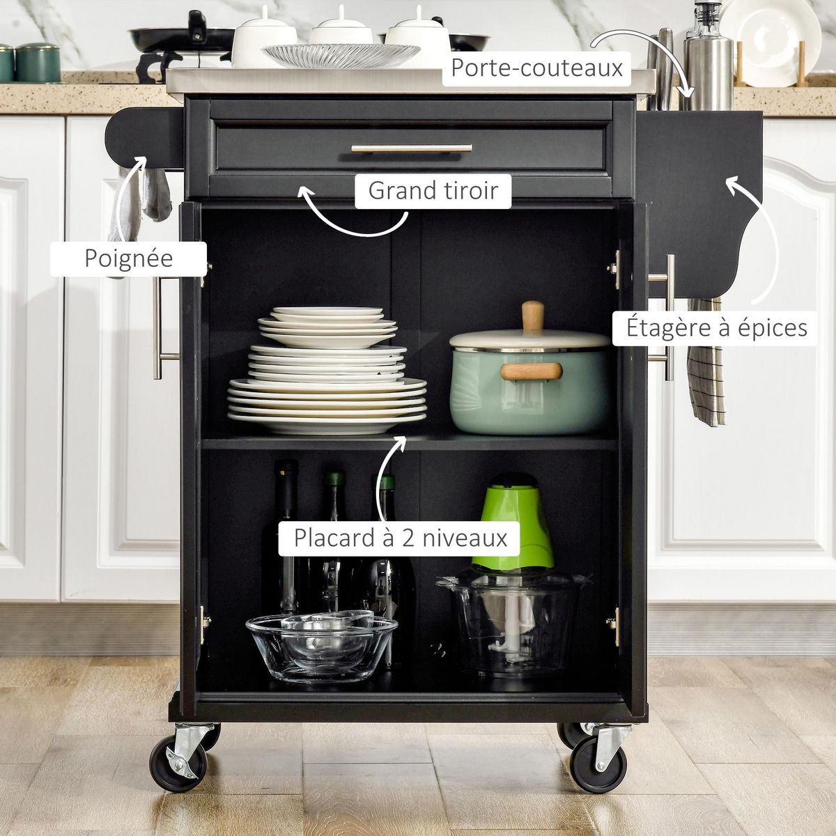 HOMCOM Chariot de service desserte de cuisine à roulettes îlot de cuisine - placard 2 portes, étagères, range couverts et condiments latéral - plateau acier inox. bois