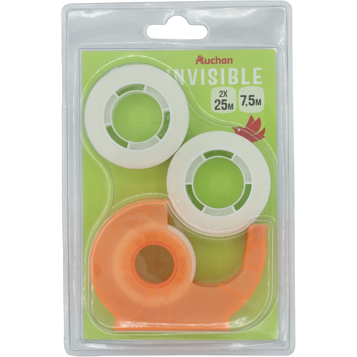 AUCHAN Rouleau ruban adhésif 25m invisible avec dévidoir orange + 2 rouleaux