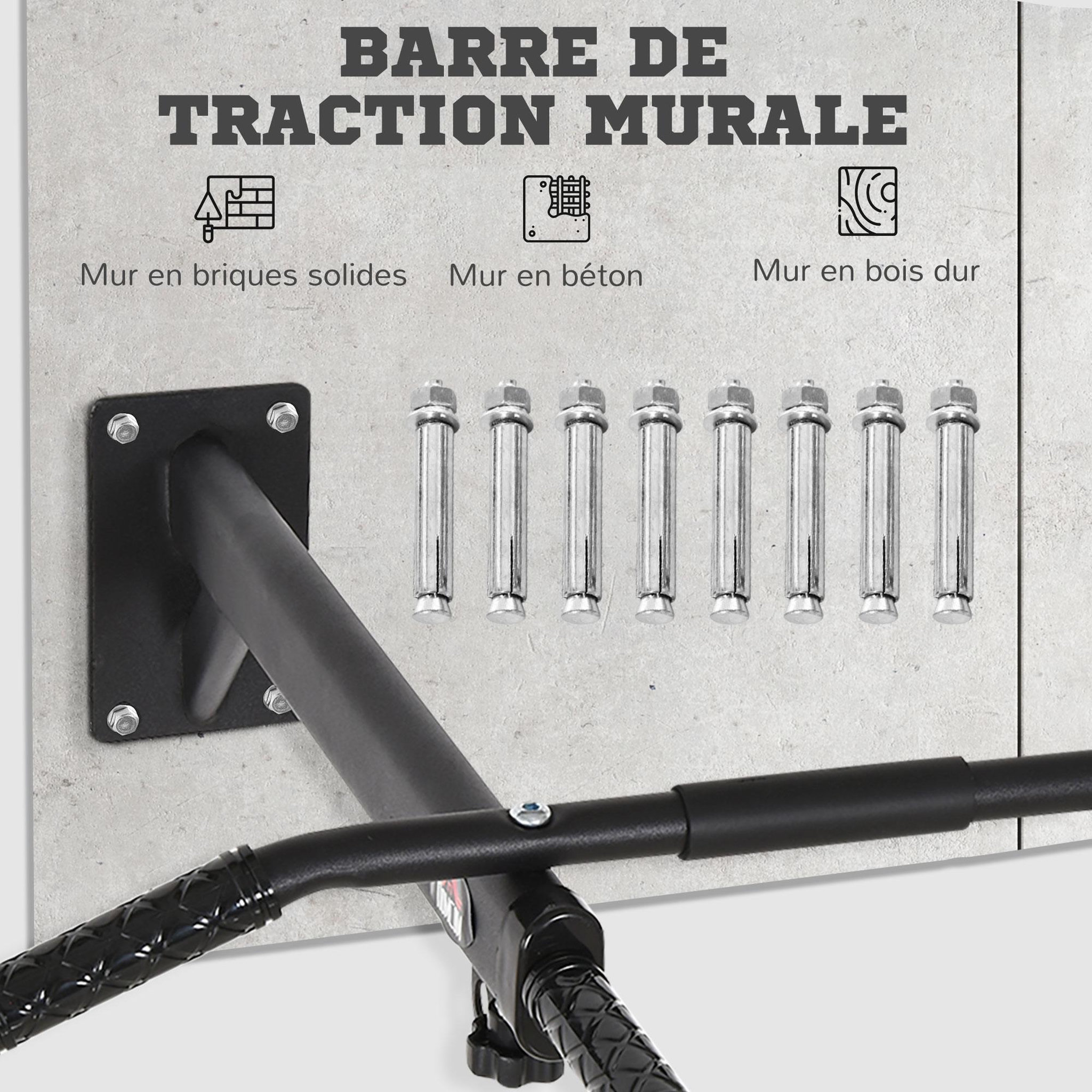 Voir la diapositive 6 : HOMCOM Barre de traction barre de fitness fixation murale support sac de frappe ou sangles trx intégré charge max. 150 kg acier noir