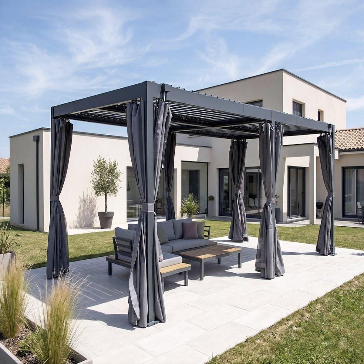 Habitat et Jardin Pergola bioclimatique en aluminium avec rideau et moustiquaire  Kensington  - 3 x 5 m - Gris
