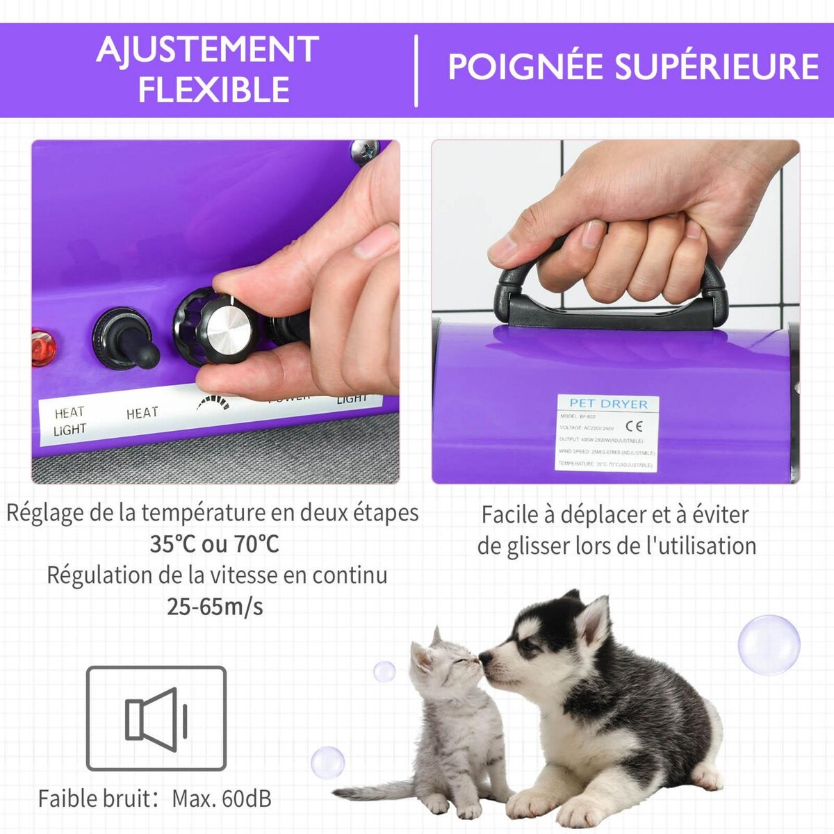 PAWHUT Séchoir sèche-poils toilettage professionnel pour chien chat animaux 2800 W température + vitesse réglable rose fuchsia noir