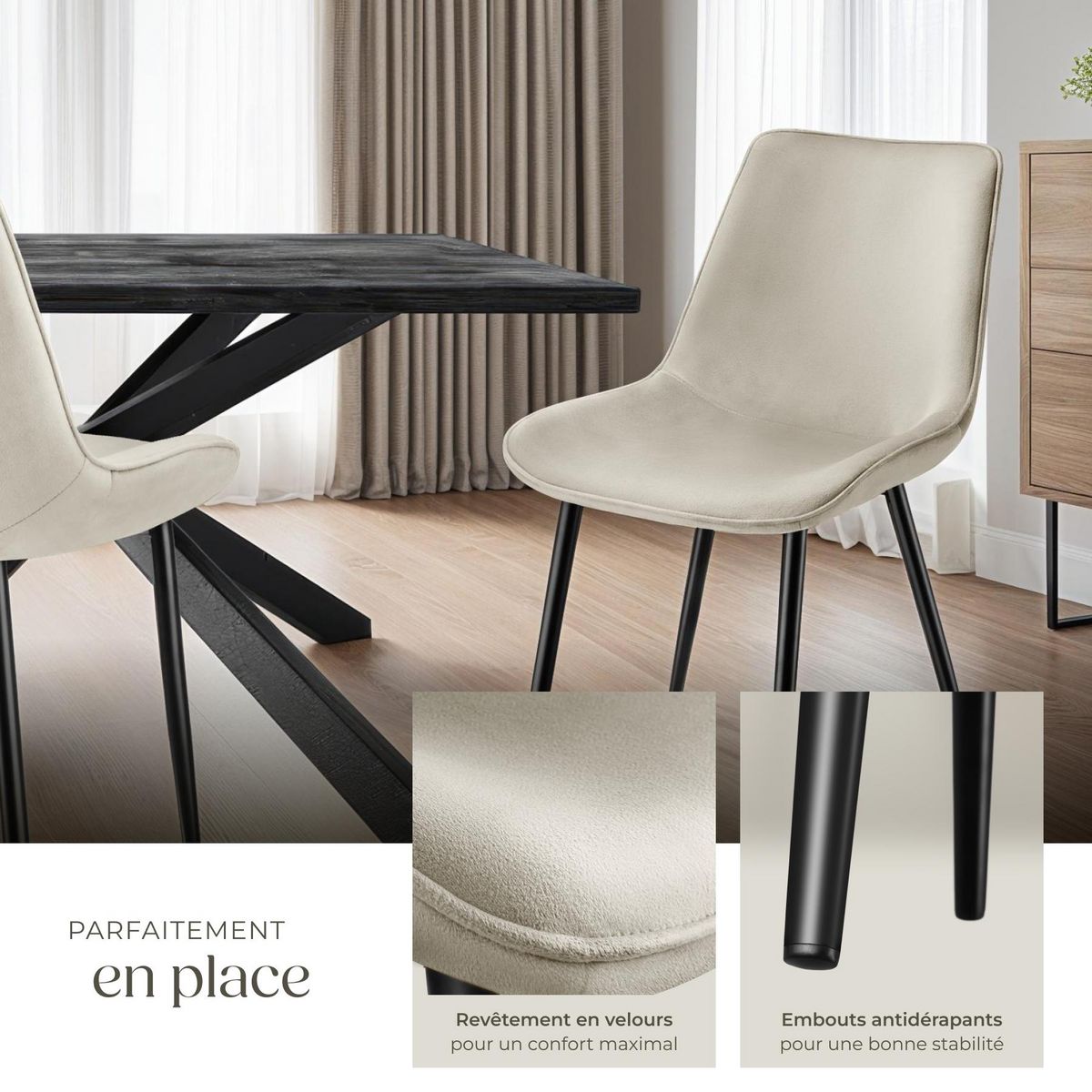 tectake Lot de chaises rembourrées aspect velours crème Lot de 4