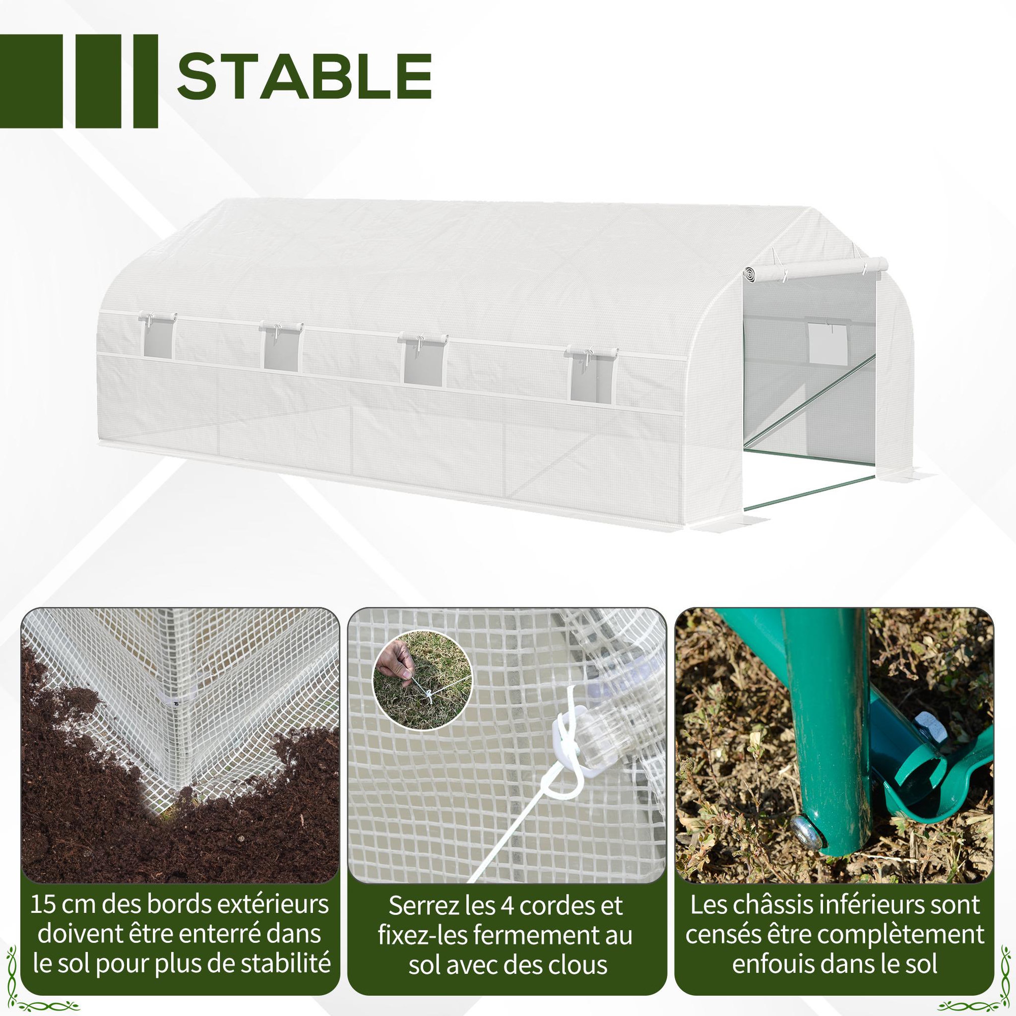 Voir la diapositive 5 : OUTSUNNY Serre tunnel de jardin dim. 5,93l x 3l x 2h m porte + 8 fenêtres enroulables acier galvanisé bâche pe haute densité blanc