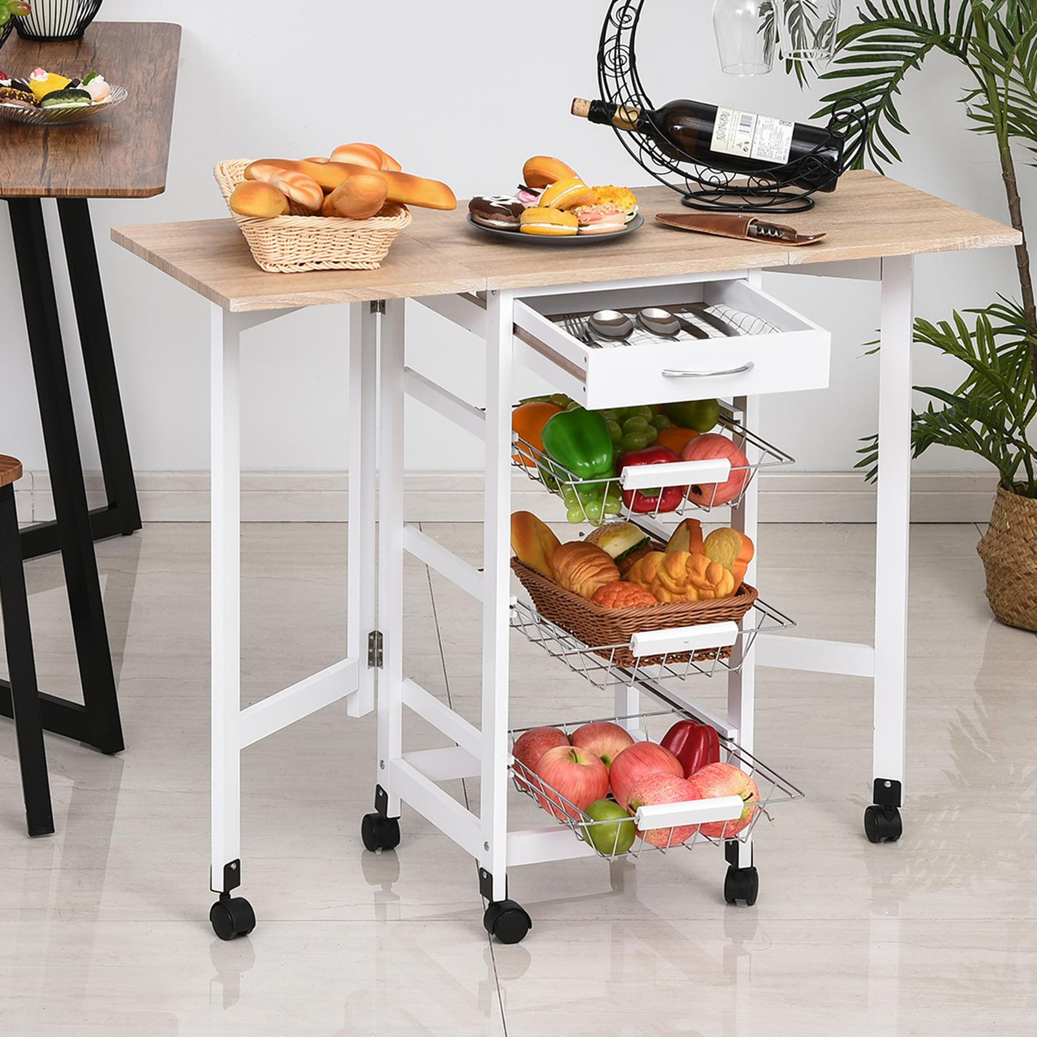 Voir la diapositive 2 : HOMCOM Chariot de service desserte de cuisine à roulettes multi-rangements 3 paniers métal + tiroir + rallonges mdf blanc chêne clair