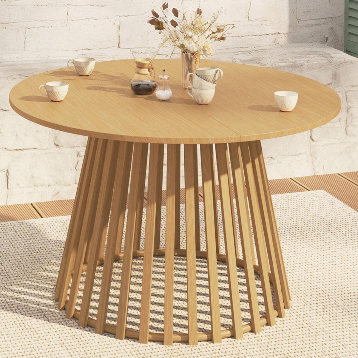 ID MARKET Table de jardin ronde SOLAL 120 cm 6 personnes avec pied lattes en métal effet bois