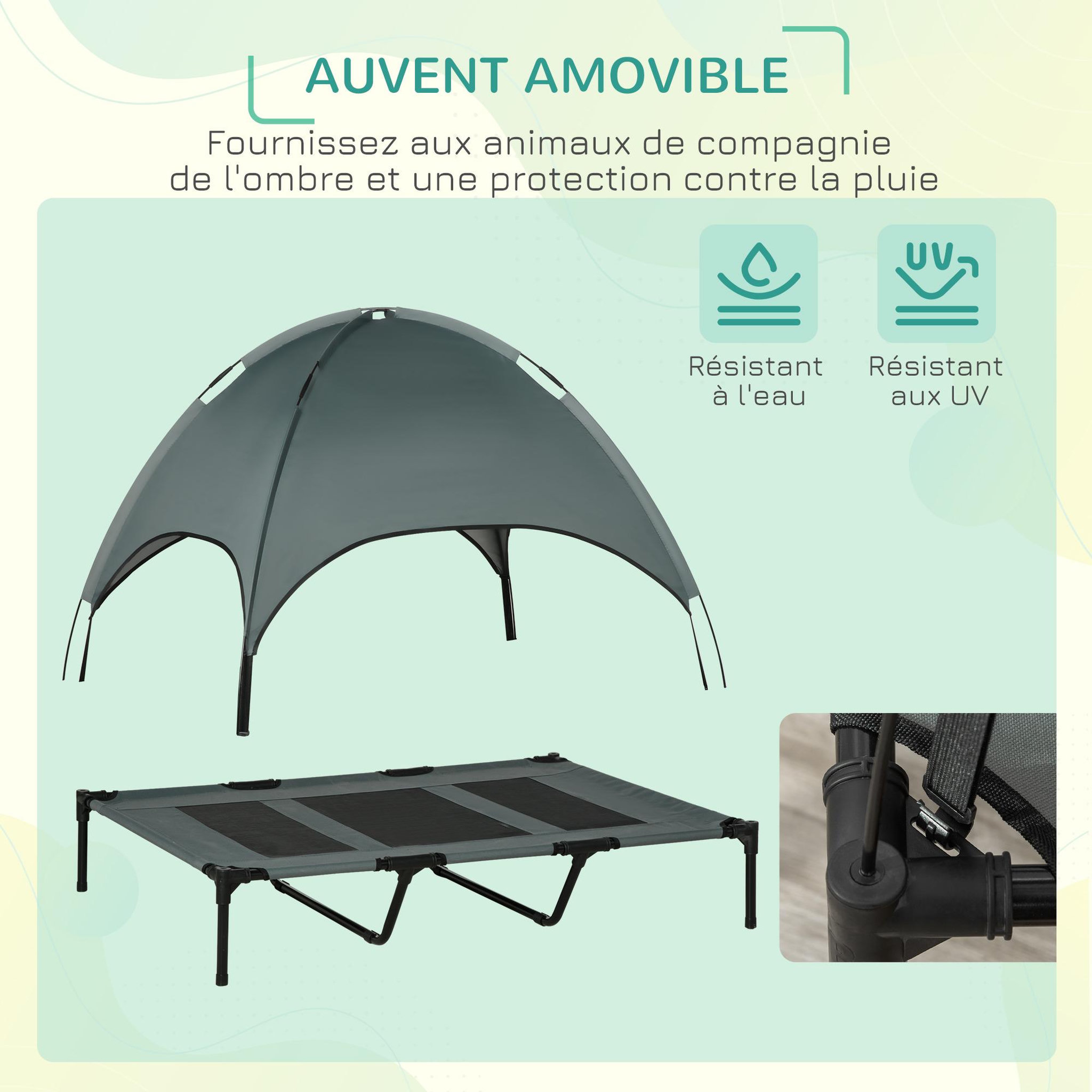 Voir la diapositive 4 : PAWHUT Lit pour chien chat sur pied velum anti-uv tissu oxford micro-perforé sac transport inclus gris
