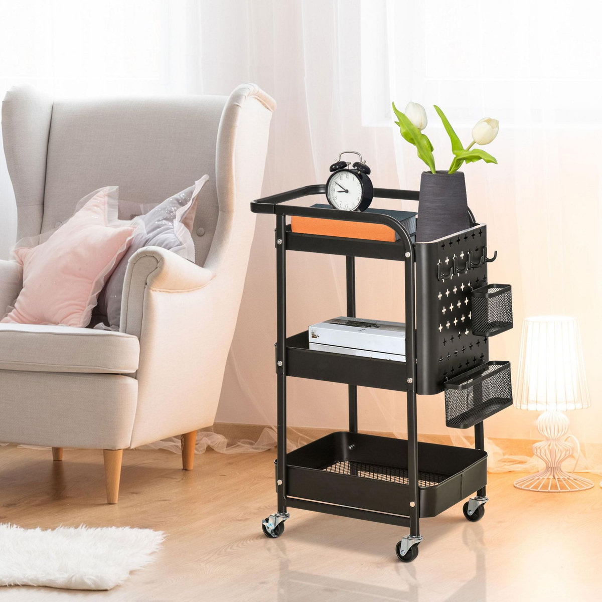 HOMCOM Desserte chariot de rangement en métal à roulettes 3 niveaux avec 2 range-couverts 4 crochets dim.51,5L x 32l x 75,6H cm