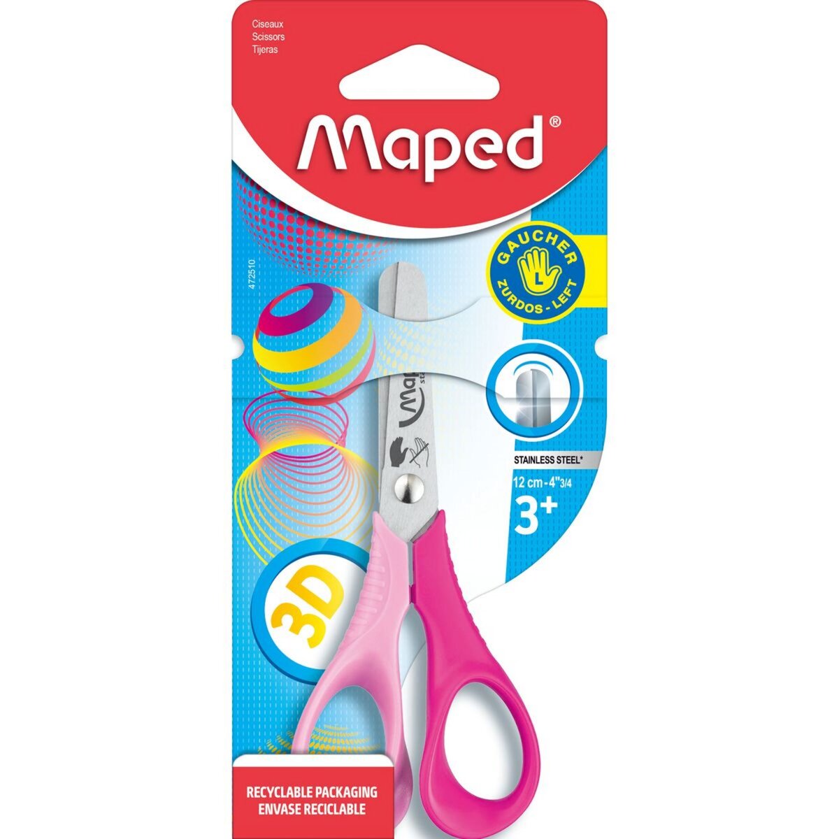 MAPED Paire de ciseaux bouts ronds 12cm Reflex 3D Vivo gaucher rose