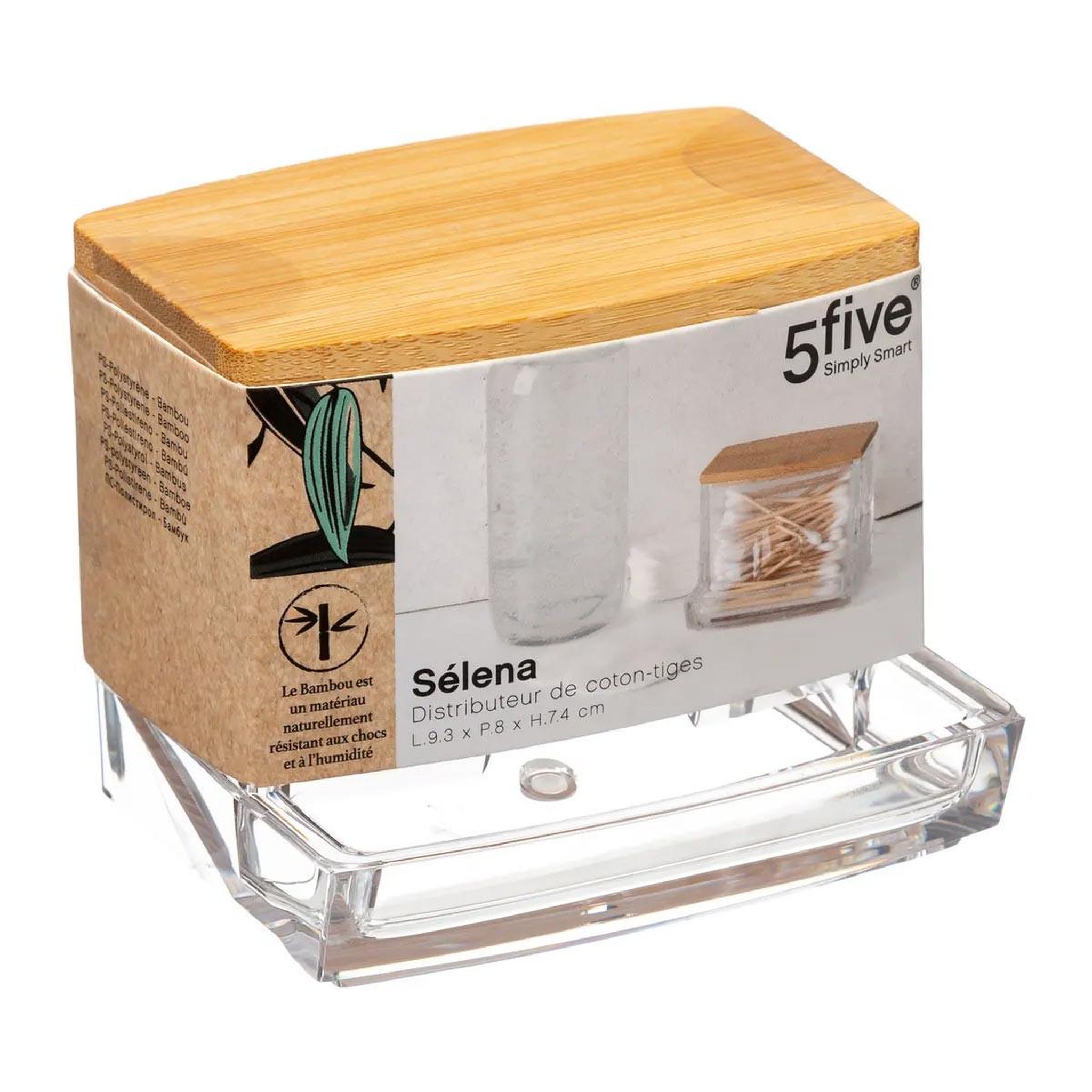 Voir la diapositive 2 : FIVE Distributeur de coton-tiges bambou  selena  9cm transparent