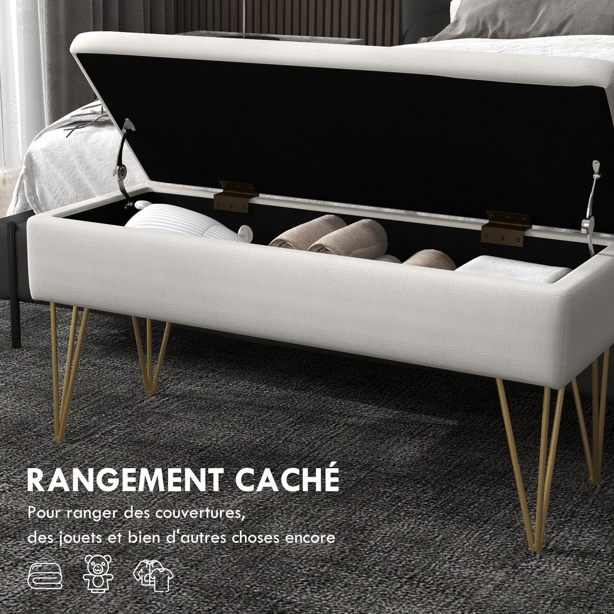 HOMCOM Banquette coffre de rangement 2 en 1 design art déco - piètement épingle acier doré tissu crème