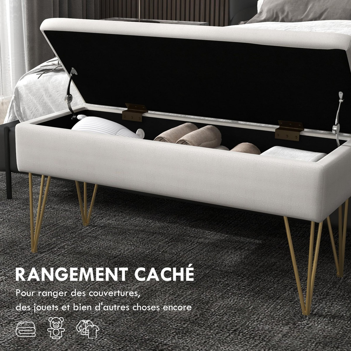 HOMCOM Banquette coffre de rangement 2 en 1 design art déco - piètement épingle acier doré tissu crème