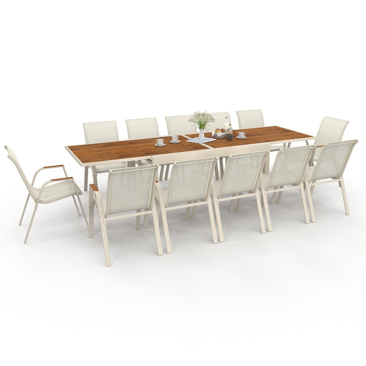 ID MARKET Salon de jardin NOUMEA table extensible 135/270 CM plateau verre trempé effet bois et 12 chaises empilables beige et bois