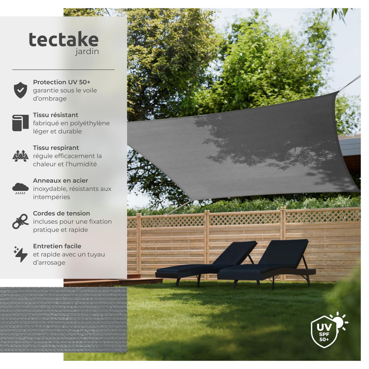 tectake Voile d'ombrage triangulaire rectangulaire avec une protection UV 50+ gris 4 x 4 m