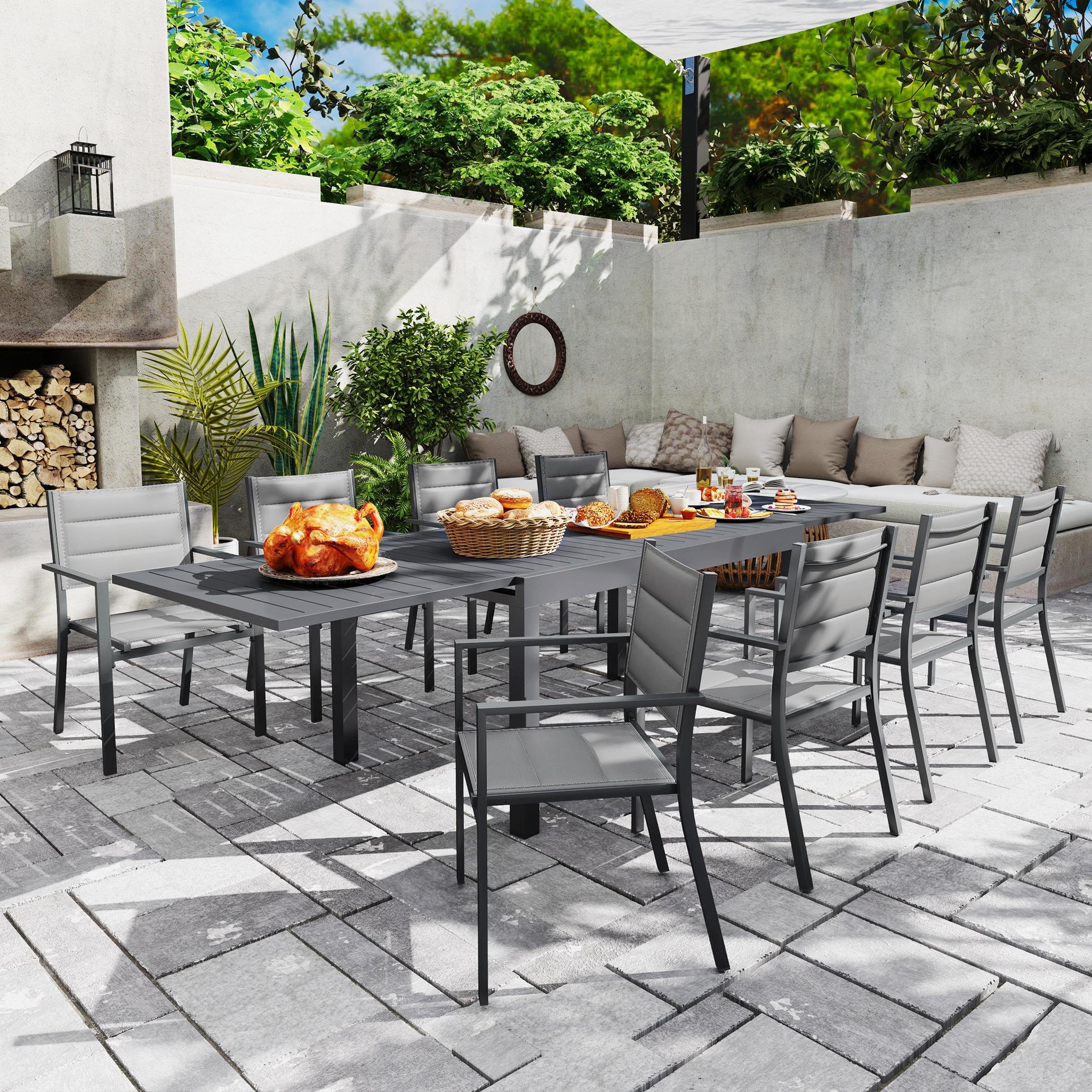 Voir la diapositive 2 : OUTSUNNY Ensemble de jardin 8 personnes chaises empilables table extensible 135/270l cm alu. Textilène gris