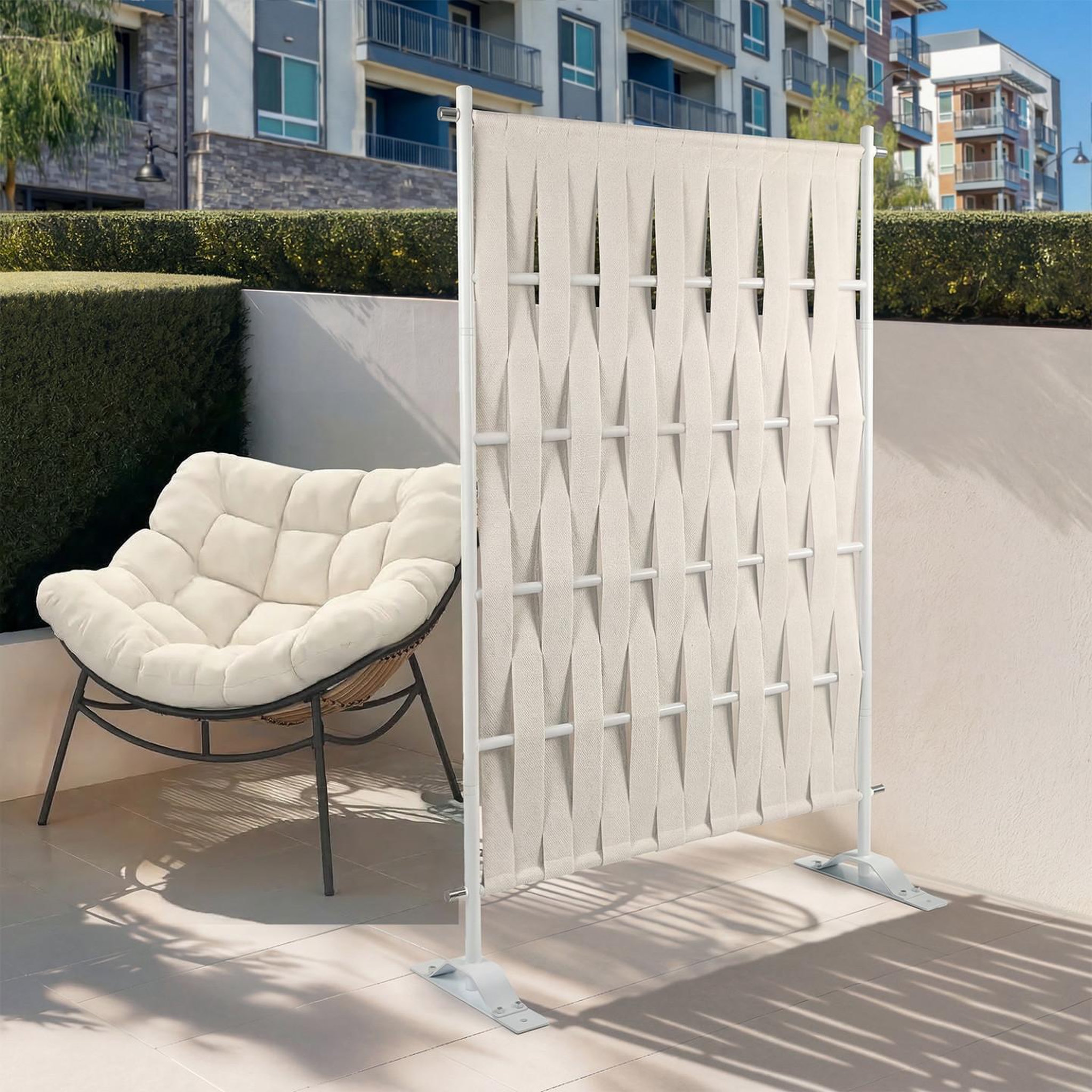 Voir la diapositive 2 : ID MARKET Paravent extérieur claustra décoratif 80 x 150 cm sangles beige et métal blanc