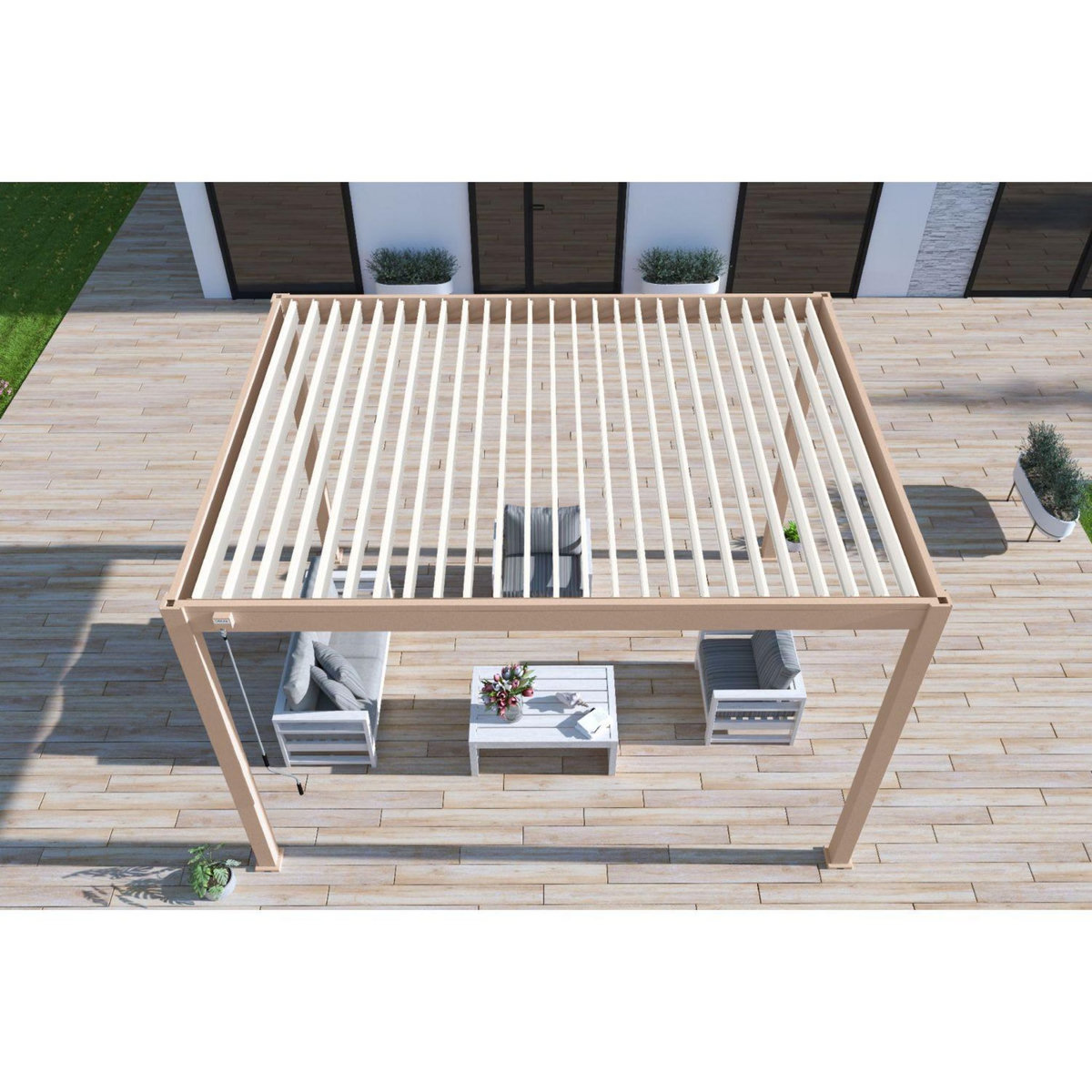 Pergola Bioclimatique autoportée 3X4 m - Aluminium - Beige agate/blanc -  VS OmBREA®