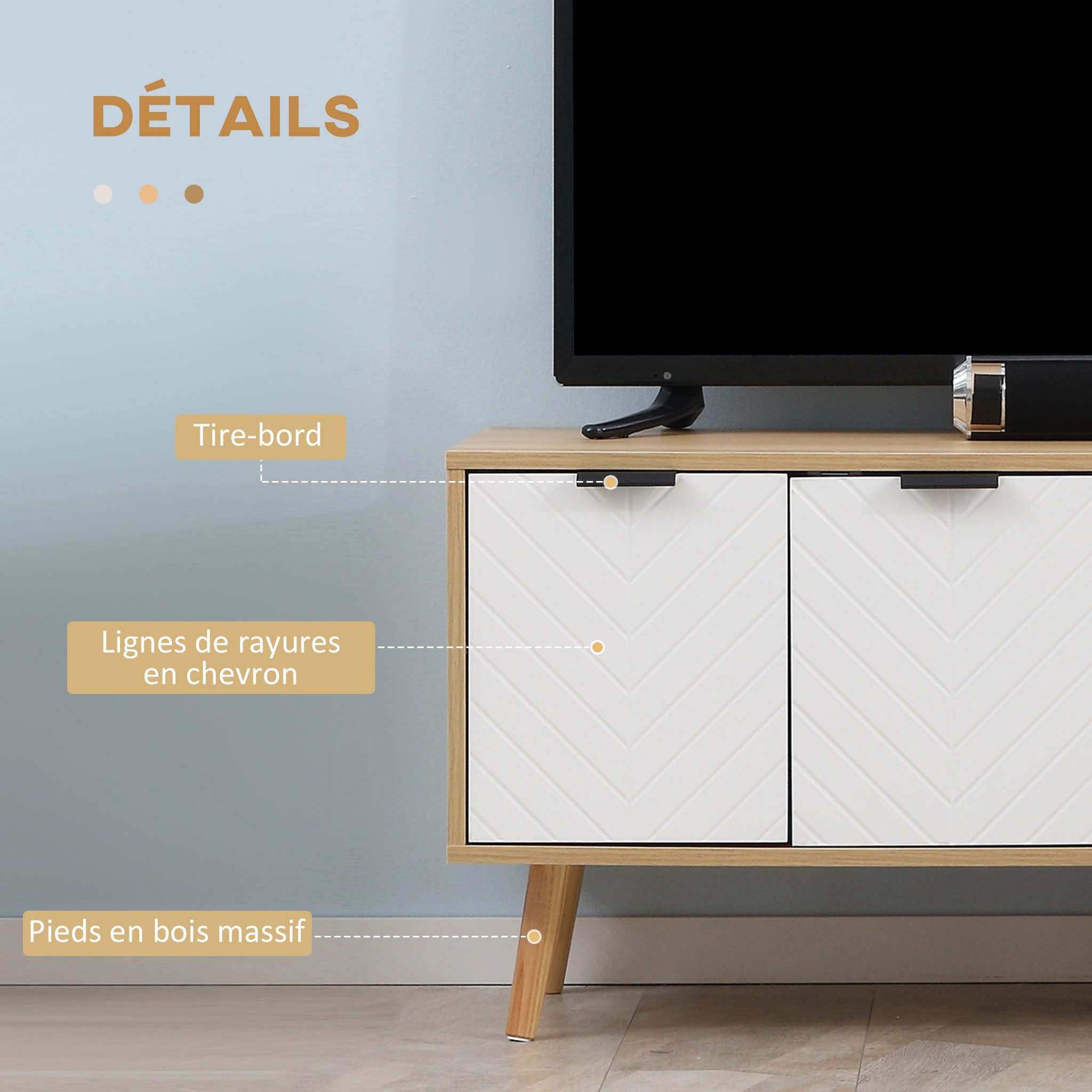 Voir la diapositive 5 : HOMCOM Meuble TV bas sur pied style scandinave 2 portes 2 niches piètement effilé incliné bois panneaux blanc aspect bois
