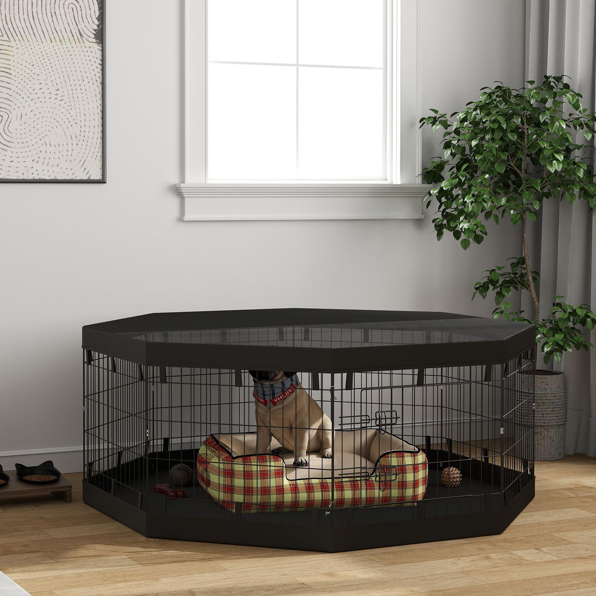 Voir la diapositive 2 : PAWHUT Parc enclos chien modulable intérieur 8 panneaux pliables - porte, bâche bas haut - acier noir