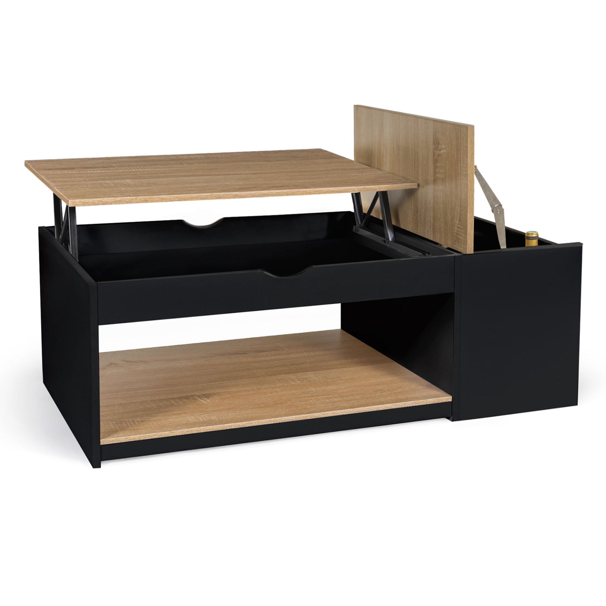Voir la diapositive 4 : ID MARKET Table basse plateau relevable rectangulaire elea avec coffre bois noir et façon hêtre