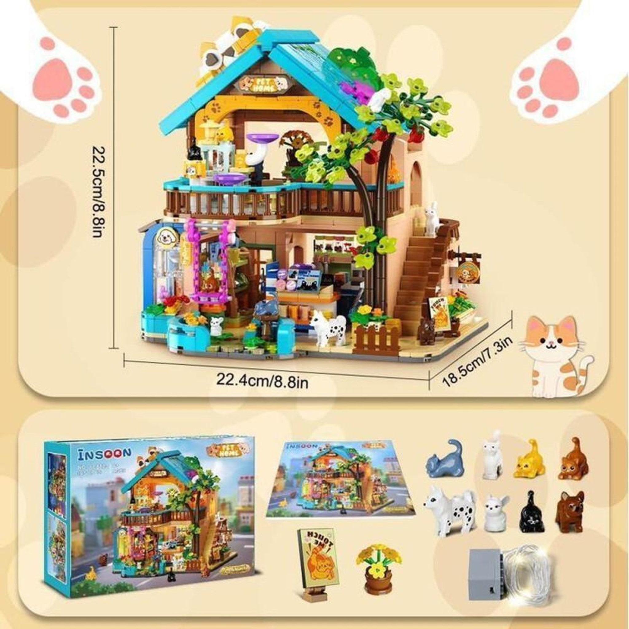 Voir la diapositive 6 : Kit de construction 3D Maison pour animaux de compagnie, immeuble animalier à 2 étages, 1425 pièces ABS, éclairage LED chaud intégré