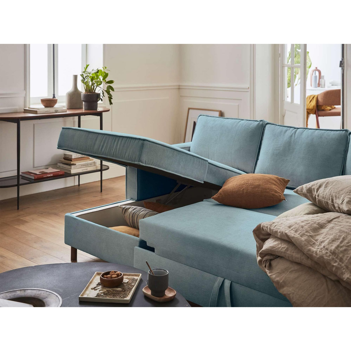 LISA DESIGN Jake - canapé panoramique en u - 7 places - convertible avec coffre - en velours côtelé