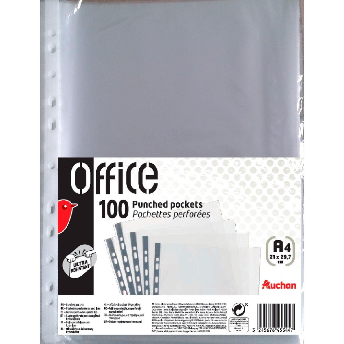 AUCHAN Lot de 100 pochettes perforées A4 grainées incolore