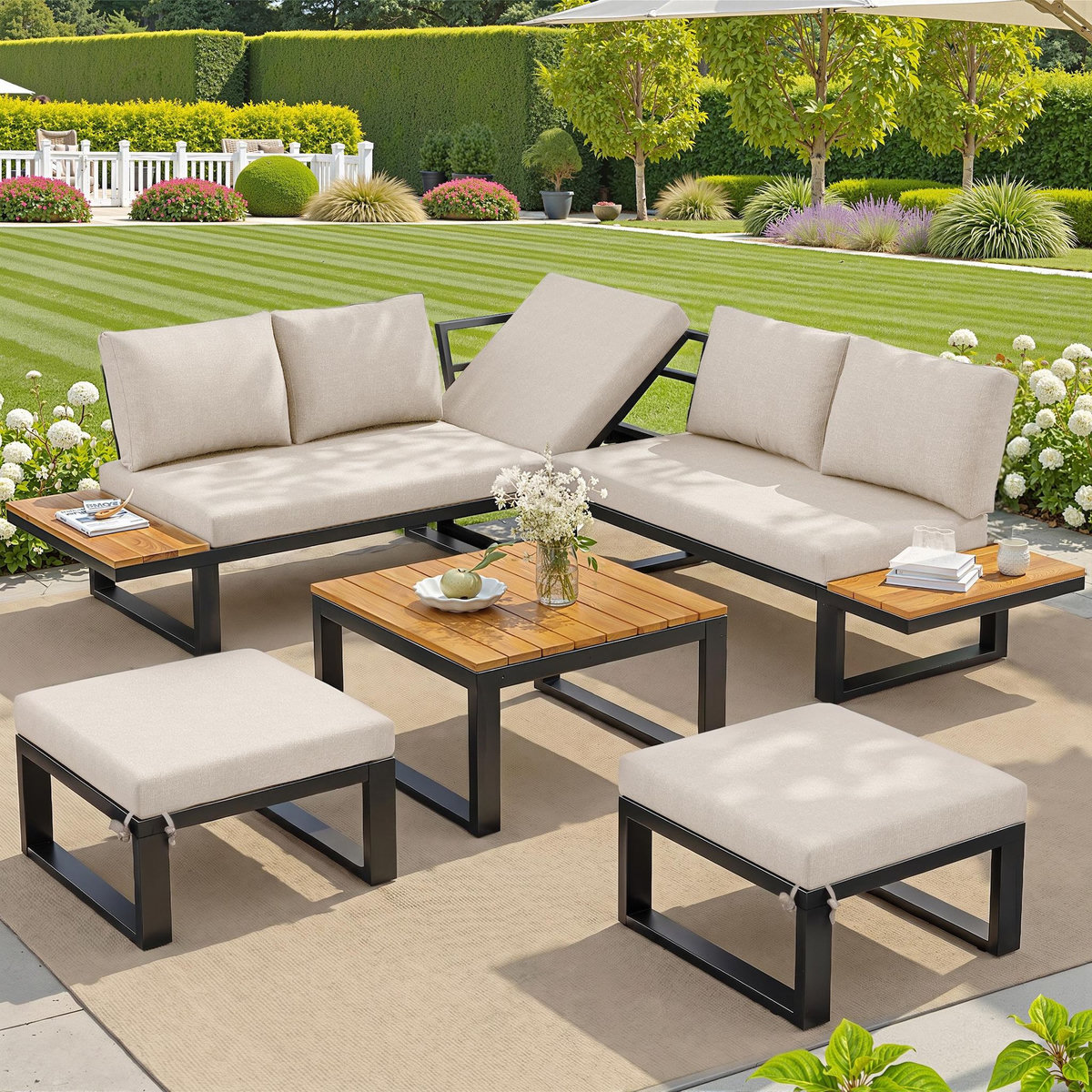 MERAX Salon de jardin 7 places avec, canapé angle, dossier réglable, poufs et table
