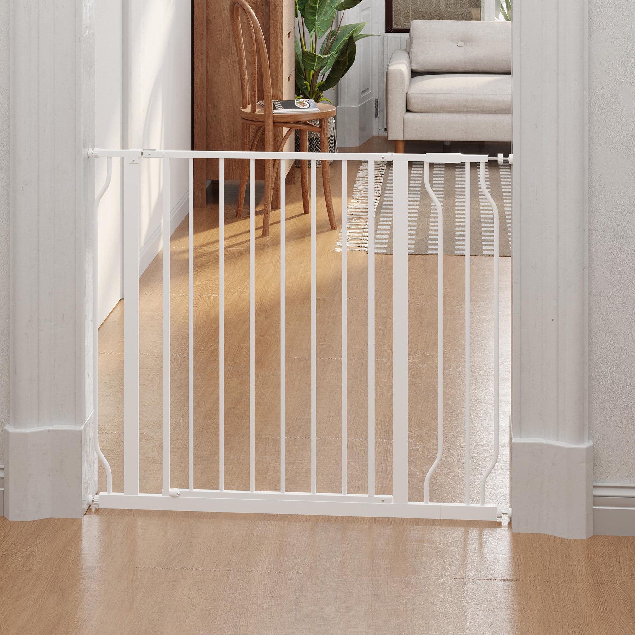 Voir la diapositive 2 : PAWHUT Barrière de sécurité animaux - longueur réglable dim. 75-95 cm - porte double verrouillage, ouverture double sens -sans perçage - acier abs blanc