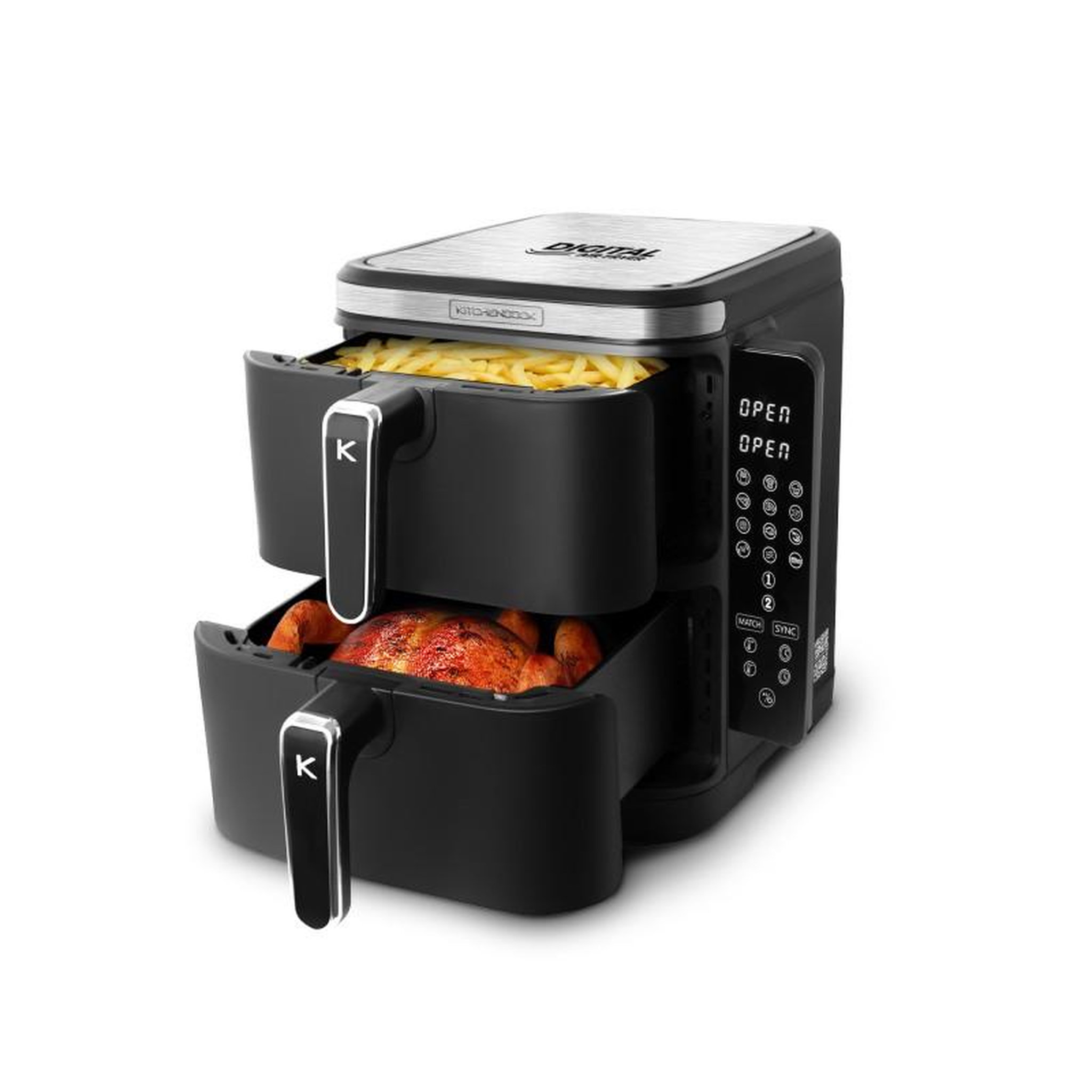 Voir la diapositive 2 : KITCHENCOOK Kitchencook - double friteuse à air verticale 12l - 2800w - 12 programmes - thermostat réglable - panier à friture amovible