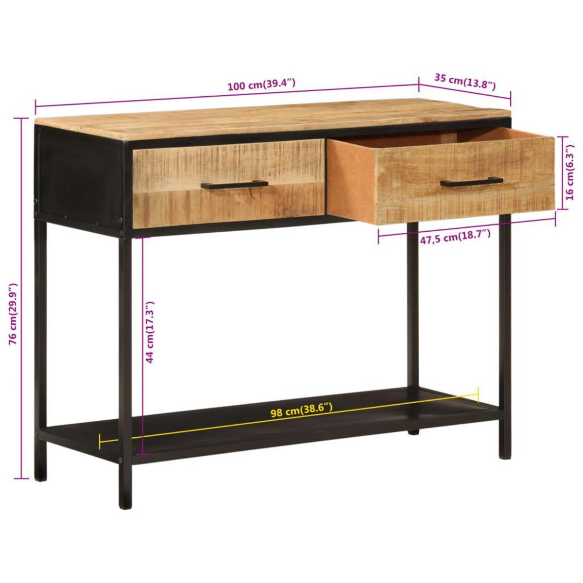 VIDAXL Table console 100x35x76 cm bois massif de manguier et fer