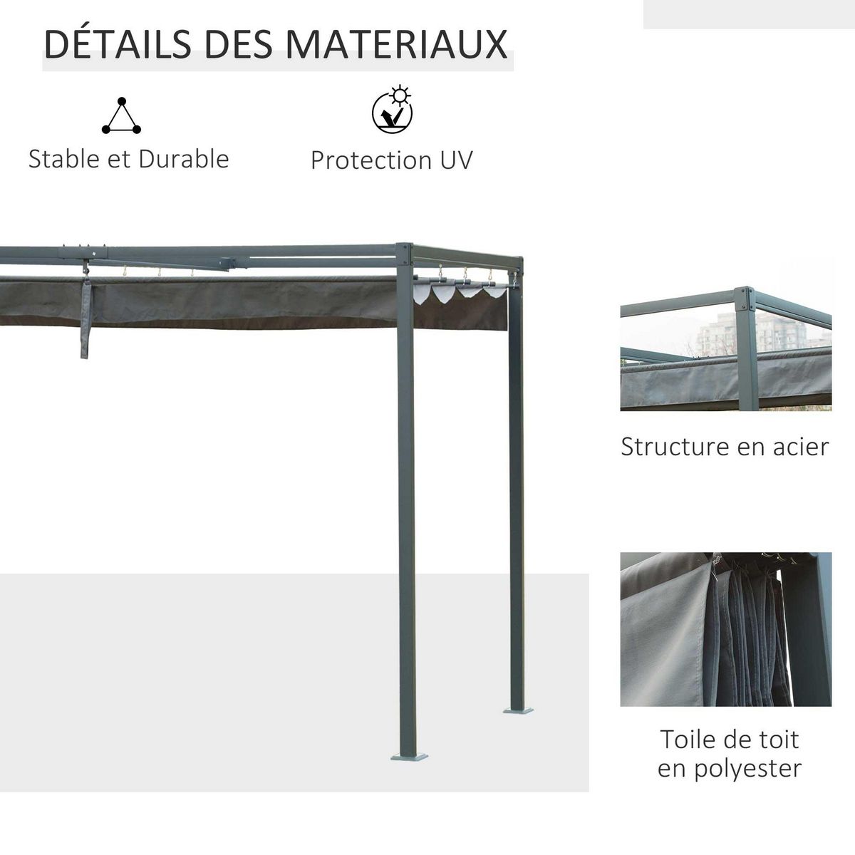 OUTSUNNY Pergola rétractable 2,98L x 2,13l x 2,22H m structure métal époxy anticorrosion toile polyester haute densité 180 g/m² incluse gris