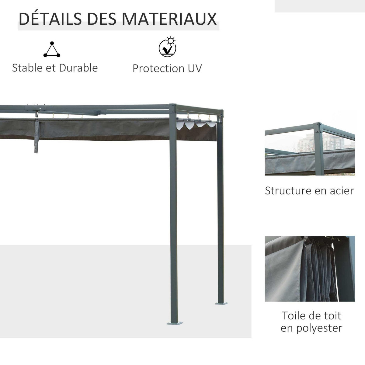 OUTSUNNY Pergola rétractable 2,98L x 2,13l x 2,22H m structure métal époxy anticorrosion toile polyester haute densité 180 g/m² incluse gris