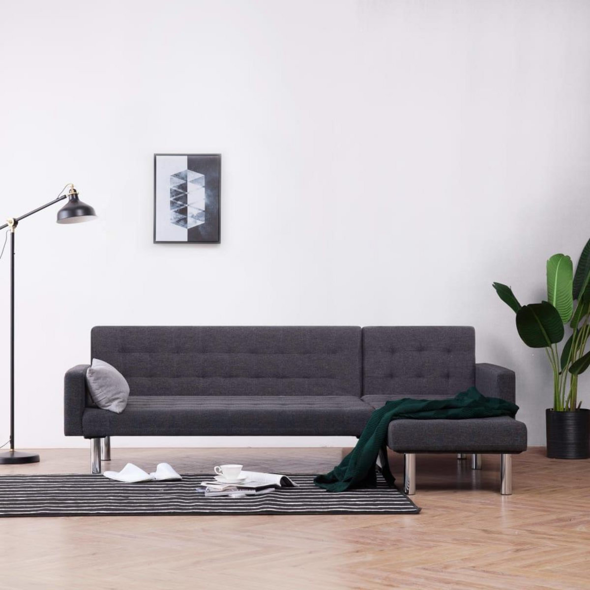 VIDAXL Canape-lit en forme de L gris fonce polyester