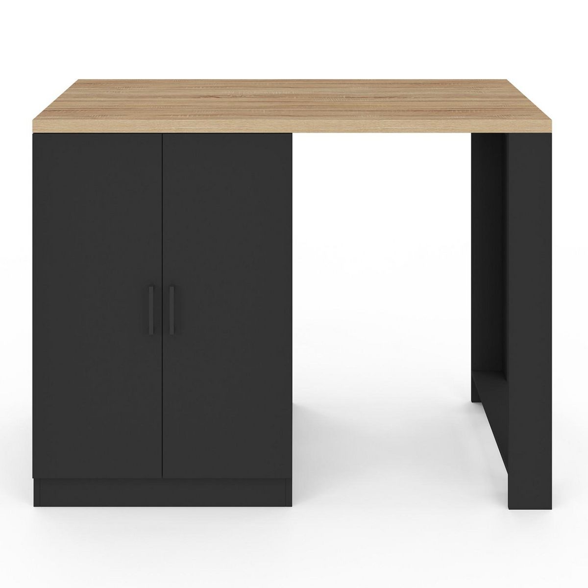 ID MARKET Ilot central LINO 120 cm 2 personnes bois noir avec plan de travail façon hêtre et portes vitrées