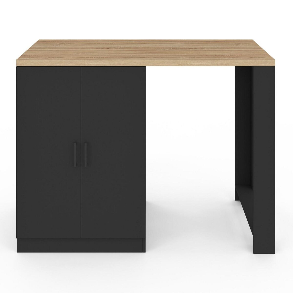 ID MARKET Ilot central LINO 120 cm 2 personnes bois noir avec plan de travail façon hêtre et portes vitrées