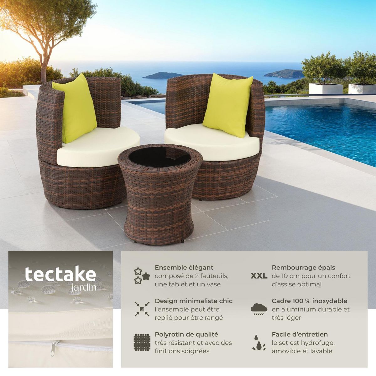 tectake Salon de jardin avec cadre en aluminium noir/marron