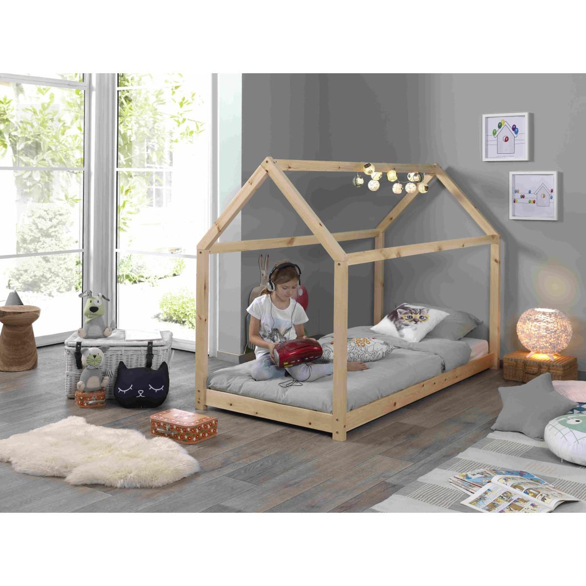 Voir la diapositive 5 : Paris Prix Lit enfant & matelas  cabane  90x200cm naturel