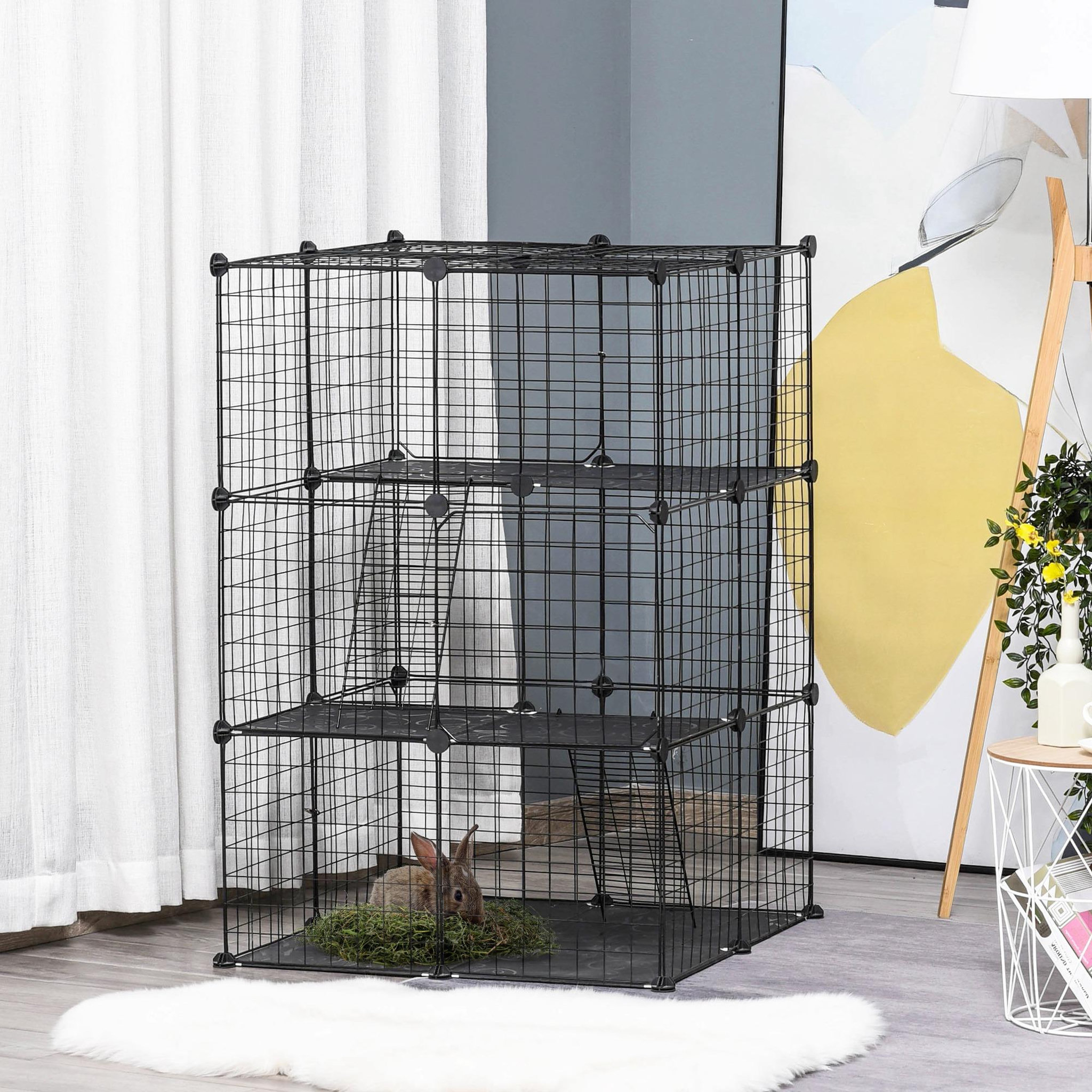 Voir la diapositive 4 : PAWHUT Cage parc enclos modulable rongeurs 3 niveaux 39 panneaux fil métallique pp noir