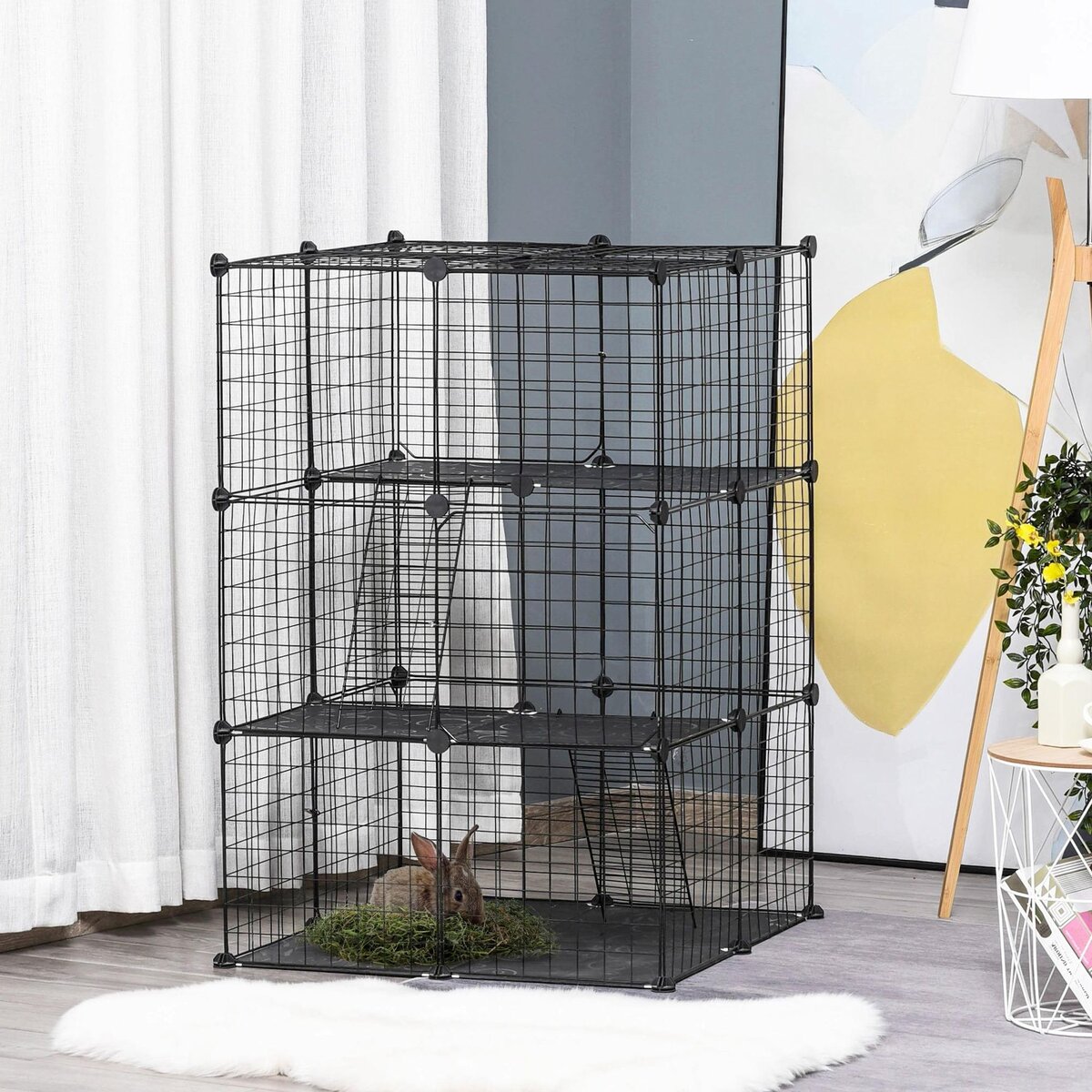 PAWHUT Cage parc enclos modulable rongeurs 3 niveaux 39 panneaux fil métallique PP noir