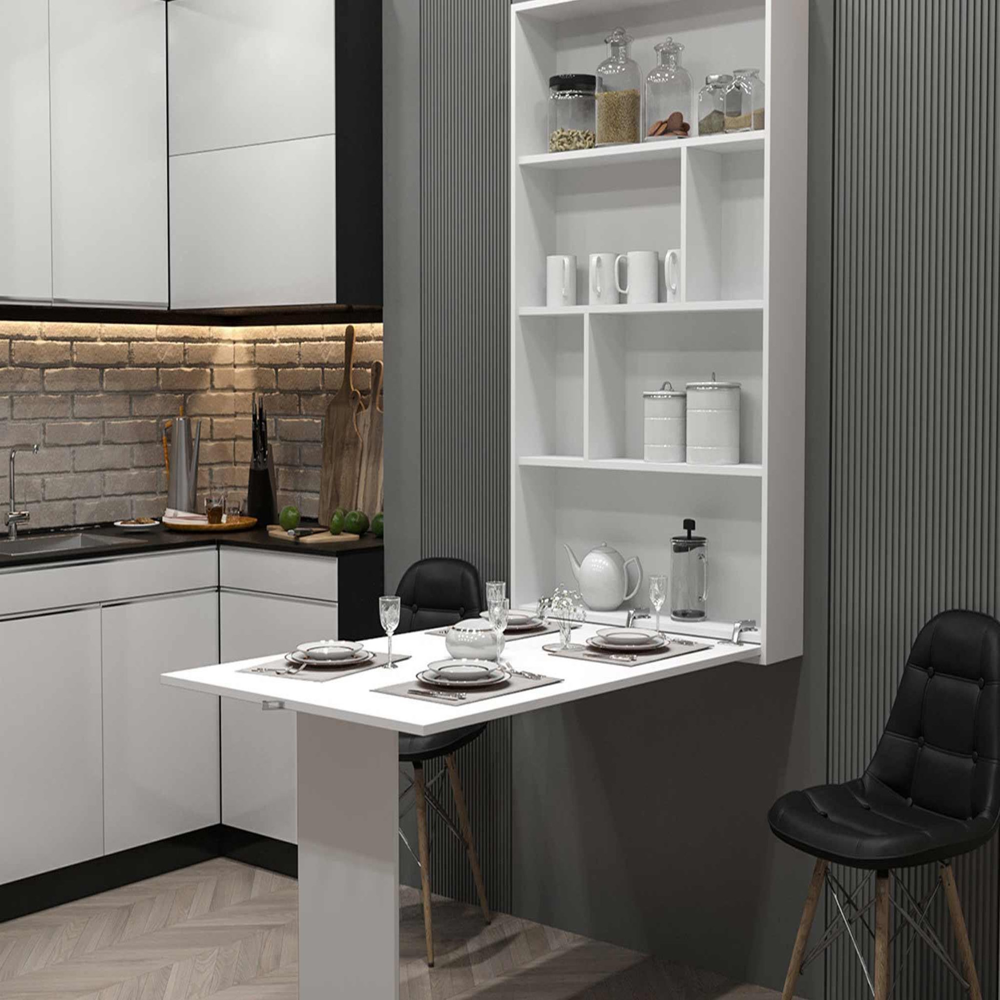 Voir la diapositive 3 : BEST MOBILIER Mondrian - table murale rabattable avec rangements - 4 personnes