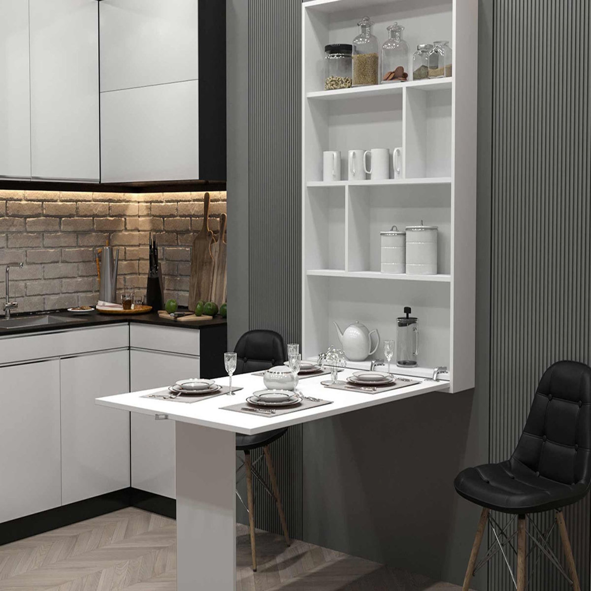 BEST MOBILIER Mondrian - table murale rabattable avec rangements - 4 personnes