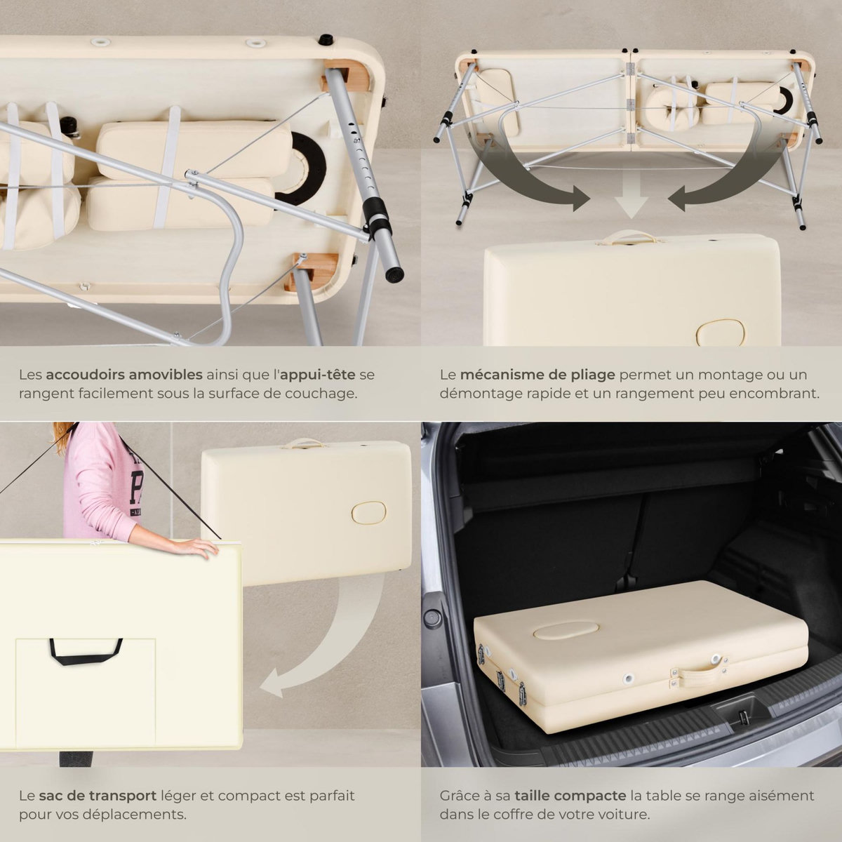 tectake Table de massage portable pliante 2 zones largeur 61 cm et rembourrage de 4 cm beige
