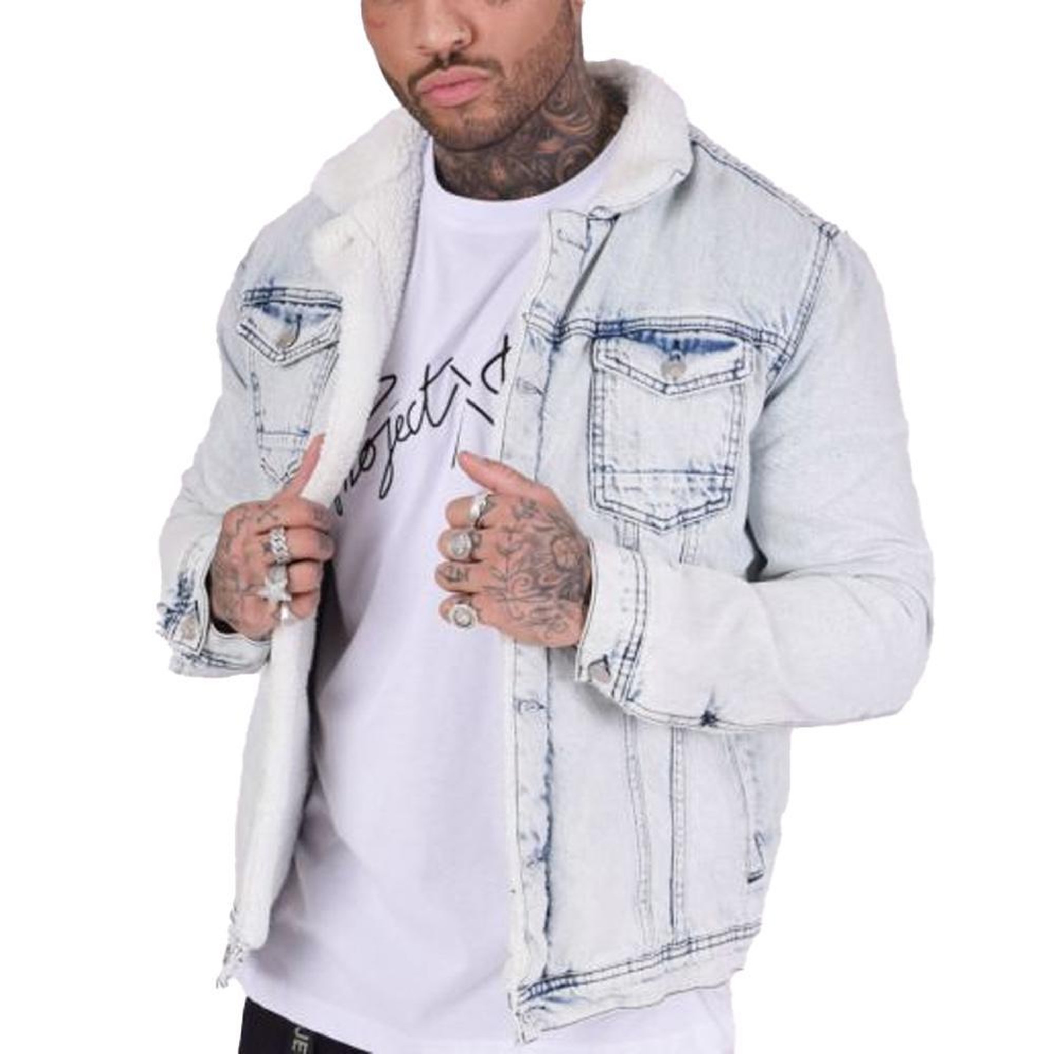 Project X Veste en jean bleu homme project x paris  mouton. Coloris disponibles : Bleu